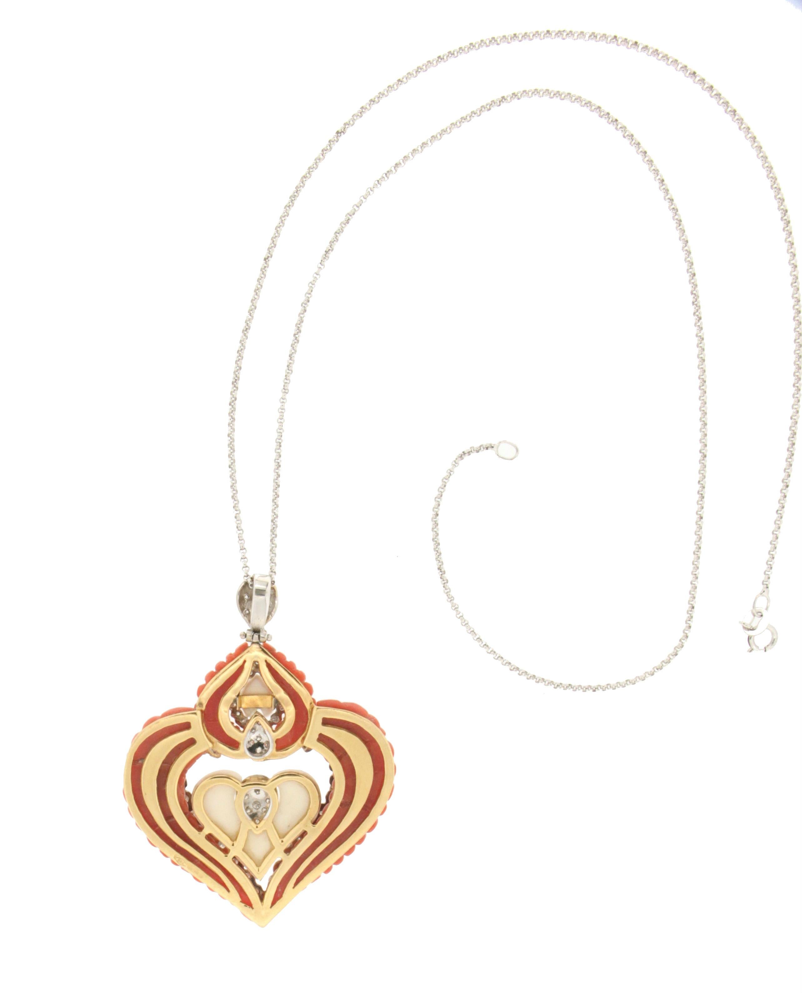 Brilliant Cut Handcraft Coral Heart 18 Karat White and Yellow Gold Diamonds Pendant Necklace