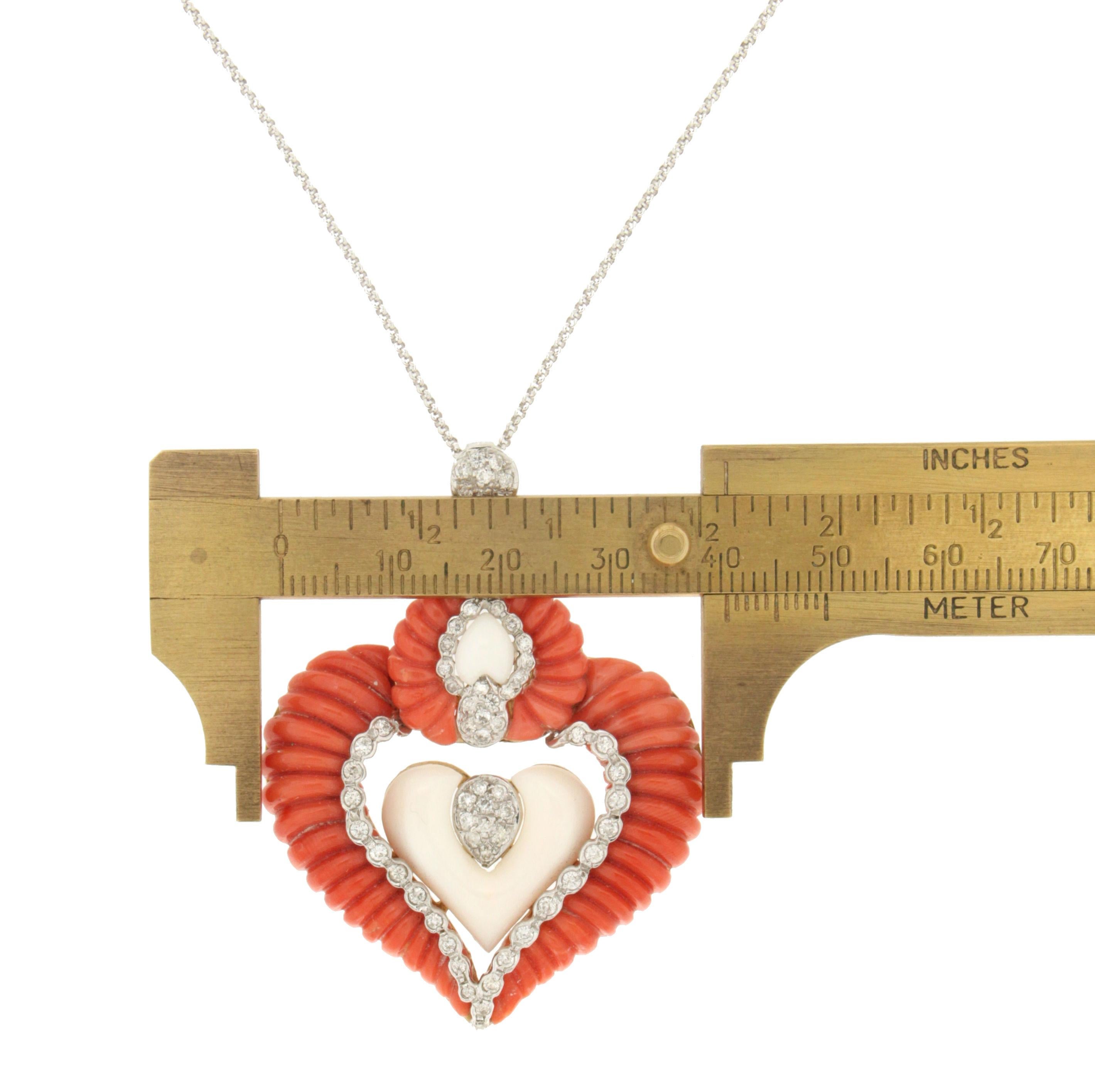 Women's or Men's Handcraft Coral Heart 18 Karat White and Yellow Gold Diamonds Pendant Necklace