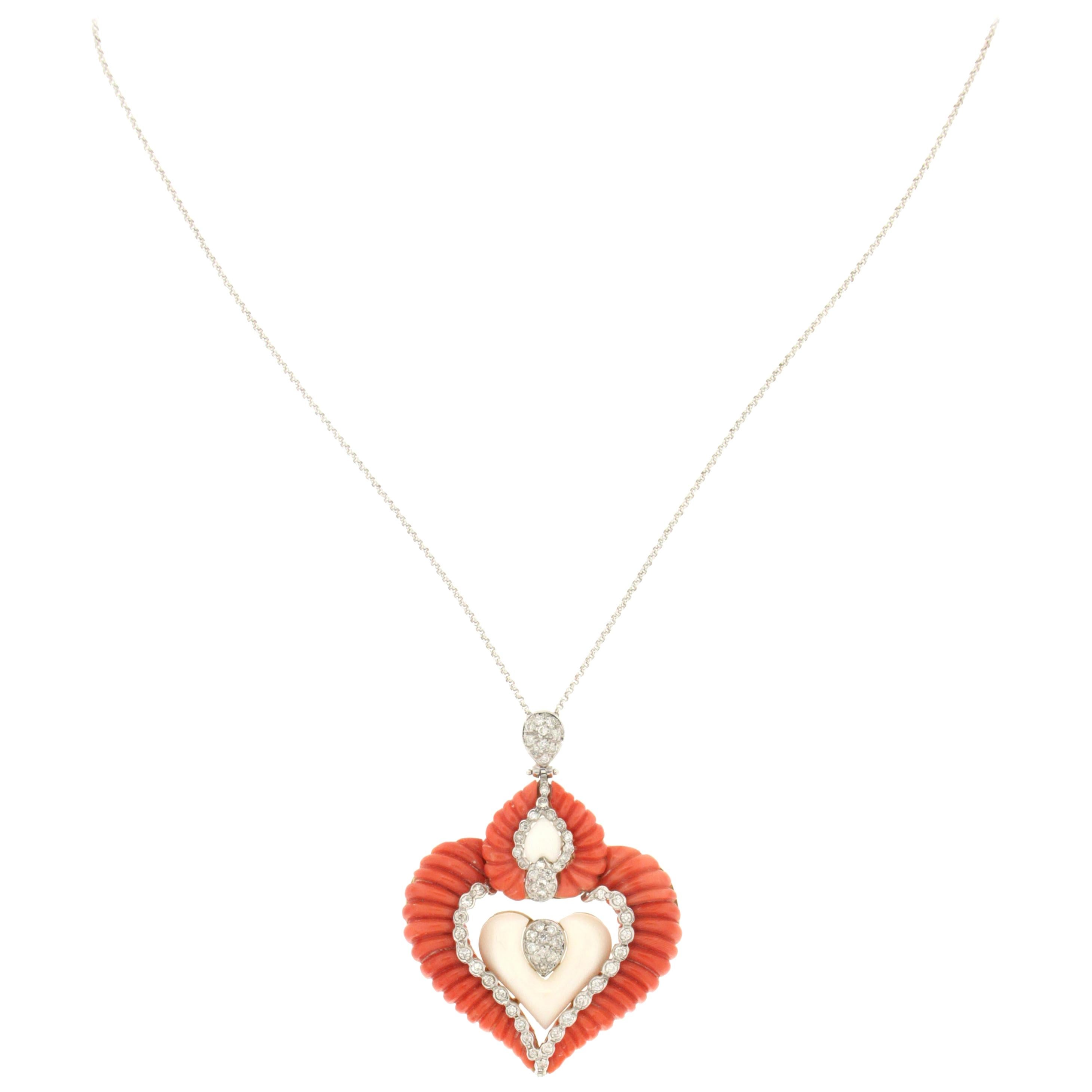 Handcraft Coral Heart 18 Karat White and Yellow Gold Diamonds Pendant Necklace