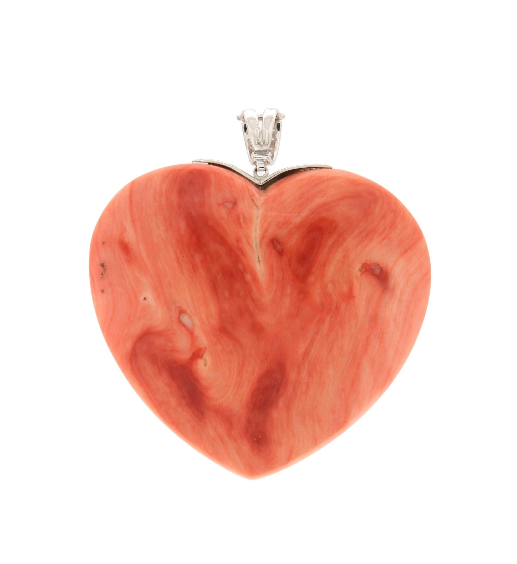 Handcraft Coral Heart 18 Karat White Gold Diamonds Pendant Necklace For Sale 1