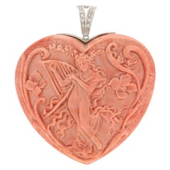 Handcraft Coral Heart 18 Karat White Gold Diamonds Pendant Necklace