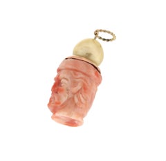 Handcraft Coral Man Face 14 Karat Yellow Gold Diamonds Pearl Pendant Necklace