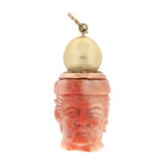 Handcraft Coral Man Face 14 Karat Yellow Gold Diamonds Pearl Pendant Necklace