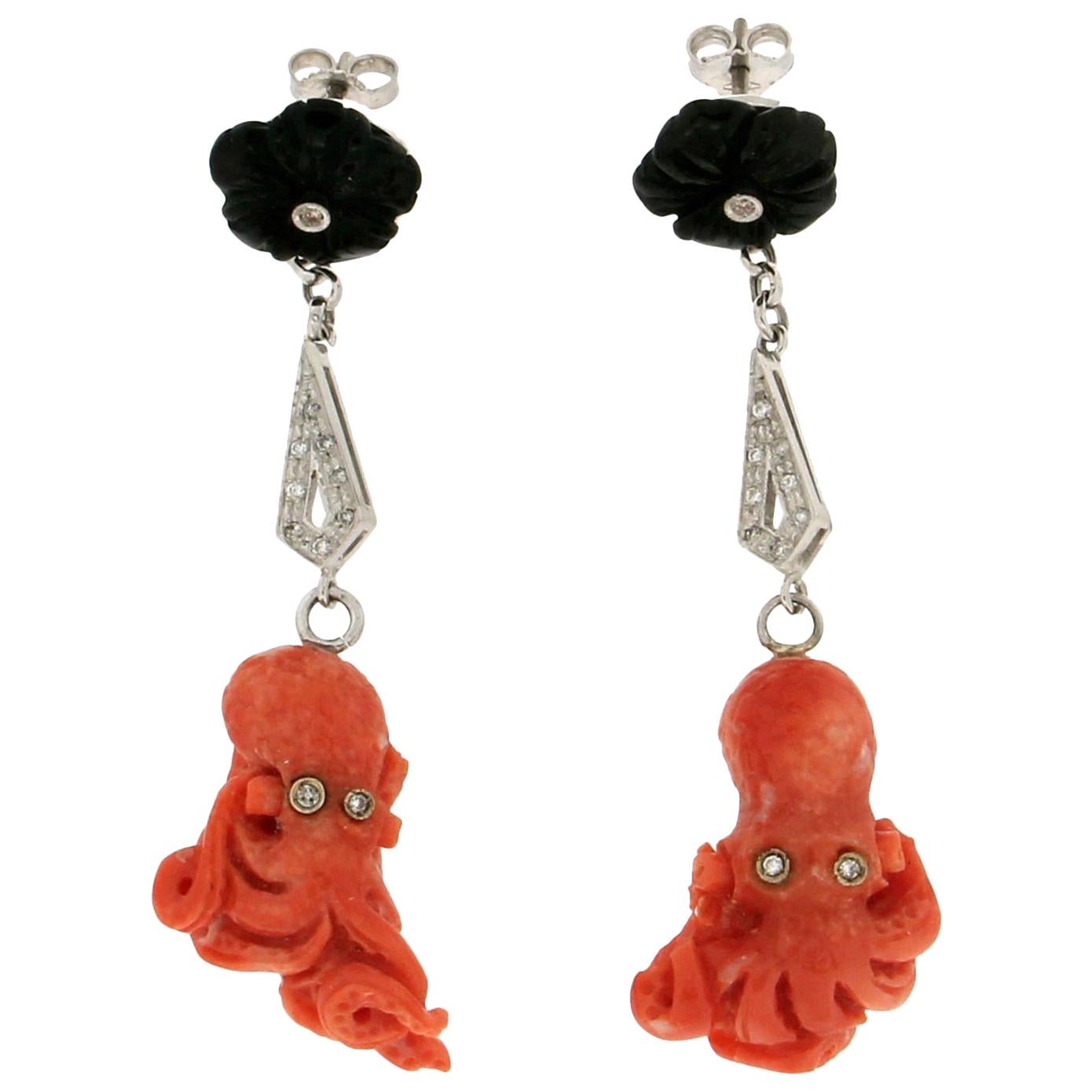 Handcraft Coral Octopus 18 Karat White Gold Diamonds Onyx Drop Earrings