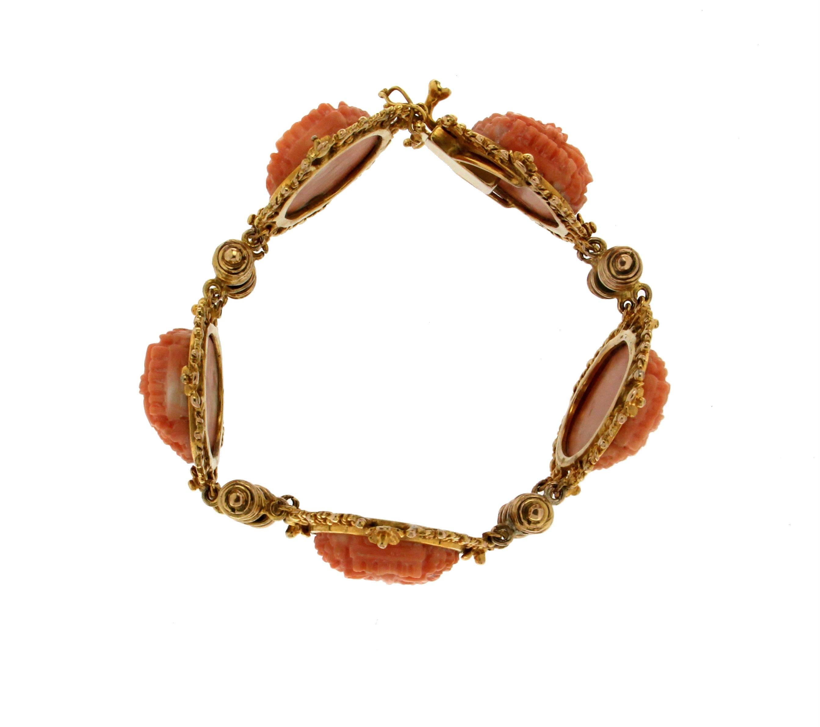 Mixed Cut Handcraft Coral Onyx 9 Karat Yellow Gold Cuff Bracelet