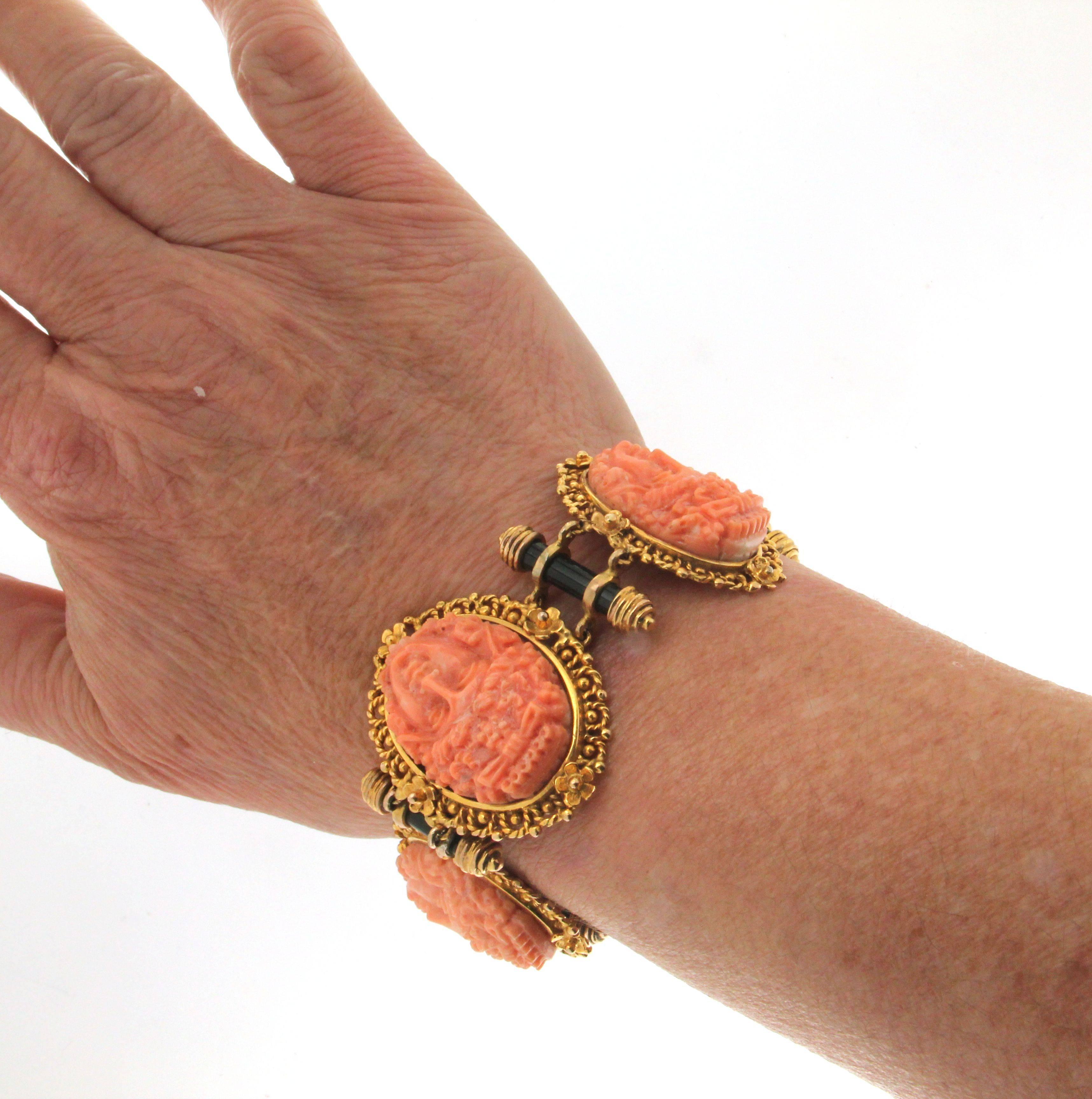 Women's Handcraft Coral Onyx 9 Karat Yellow Gold Cuff Bracelet