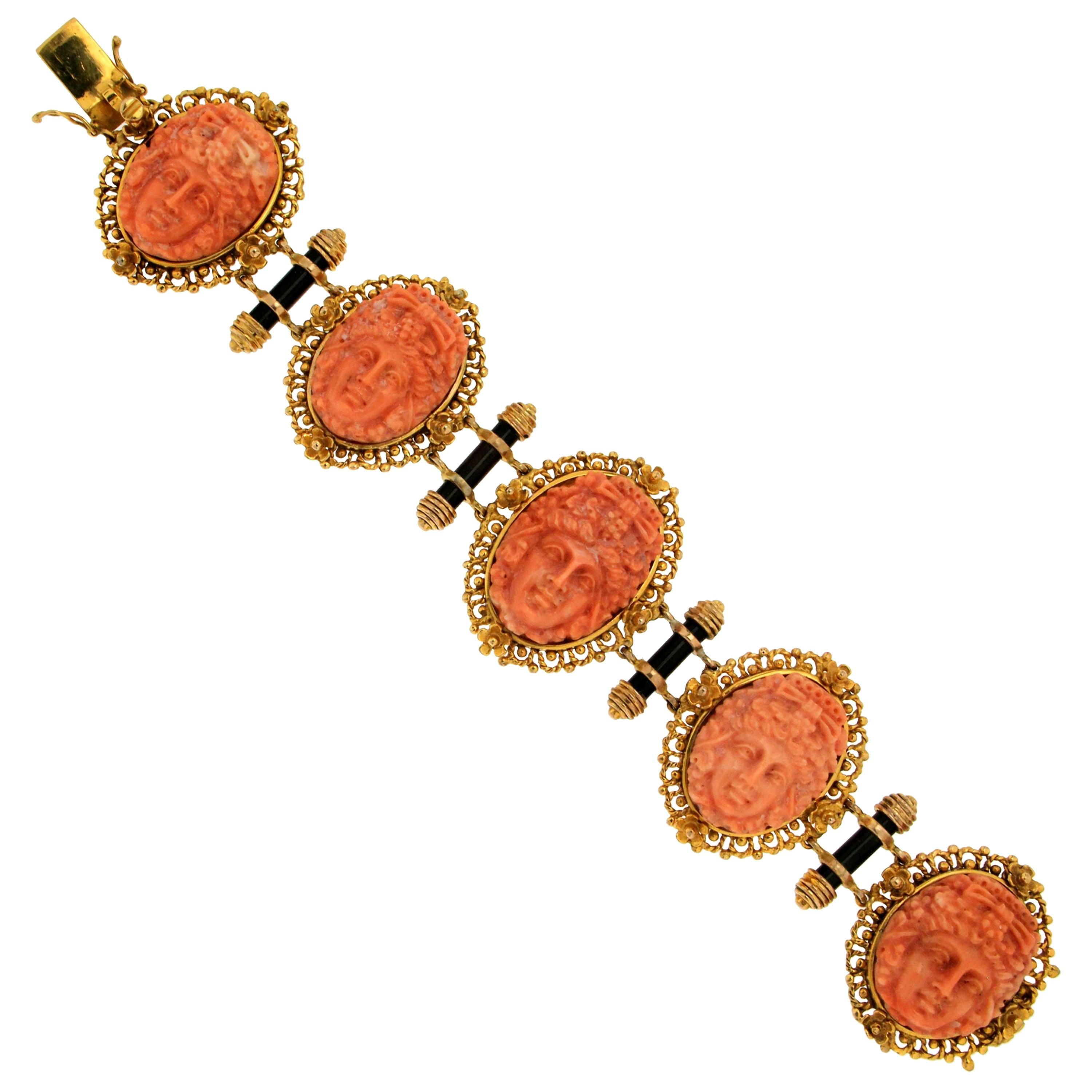 Handcraft Coral Onyx 9 Karat Yellow Gold Cuff Bracelet