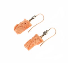 Handcraft Coral Owl 9 Karat Yellow Gold Sapphires Drop Earrings
