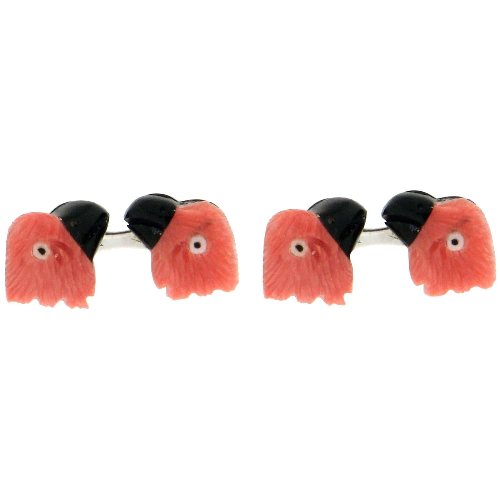 Handcraft Coral Parrot 18 Karat White Gold Ebony Cufflinks