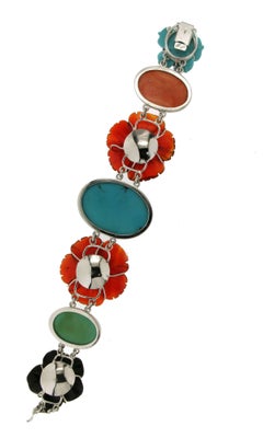 Handcraft Coral Turquoise 18 Karat White Gold Cuff Bracelet