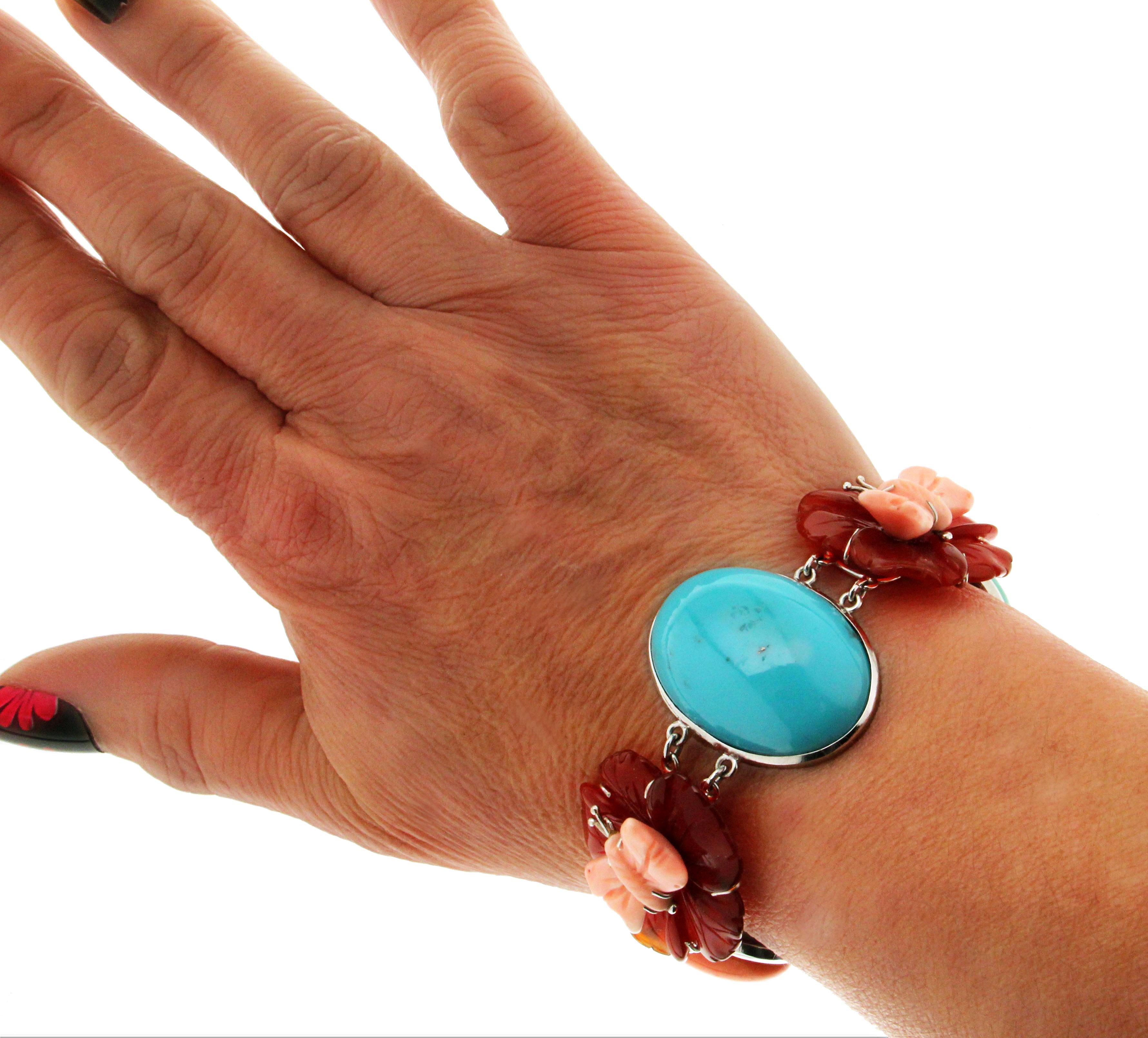 Women's Handcraft Coral Turquoise 18 Karat White Gold Cuff Bracelet For Sale