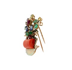 Handcraft Coral Vase 14 Karat Yellow Gold Diamonds Opal Emerald Brooch