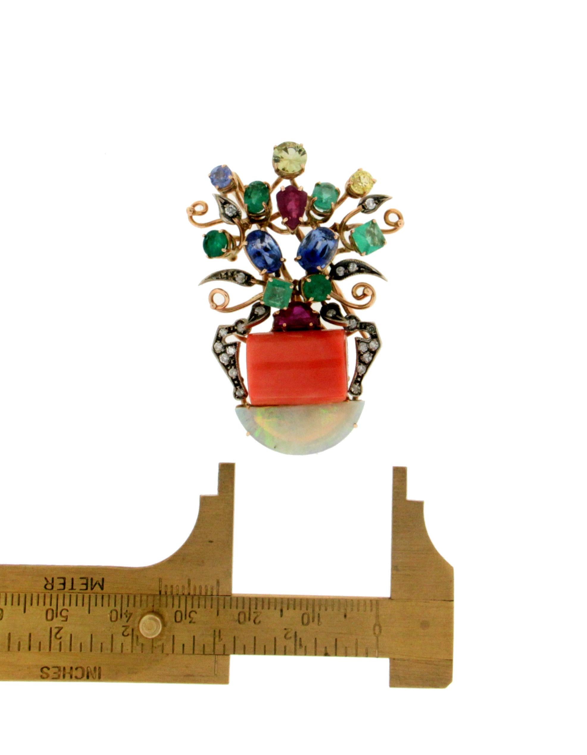 Women's Handcraft Coral Vase 14 Karat Yellow Gold Diamonds Opal Emerald Brooch