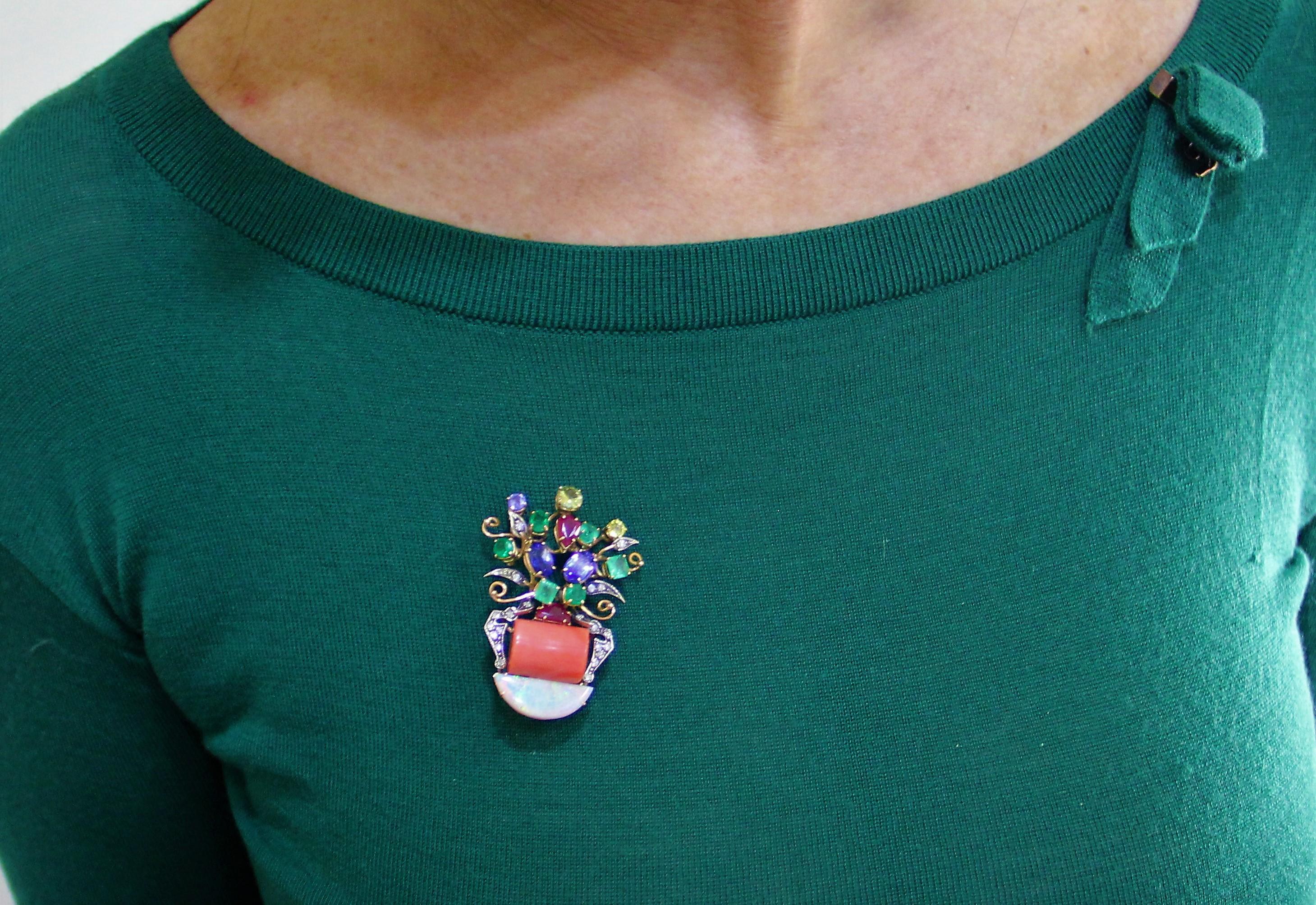 Handcraft Coral Vase 14 Karat Yellow Gold Diamonds Opal Emerald Brooch 2