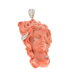 Handcraft Coral Woman Face 18 Karat White Gold Diamonds Pendant Necklace