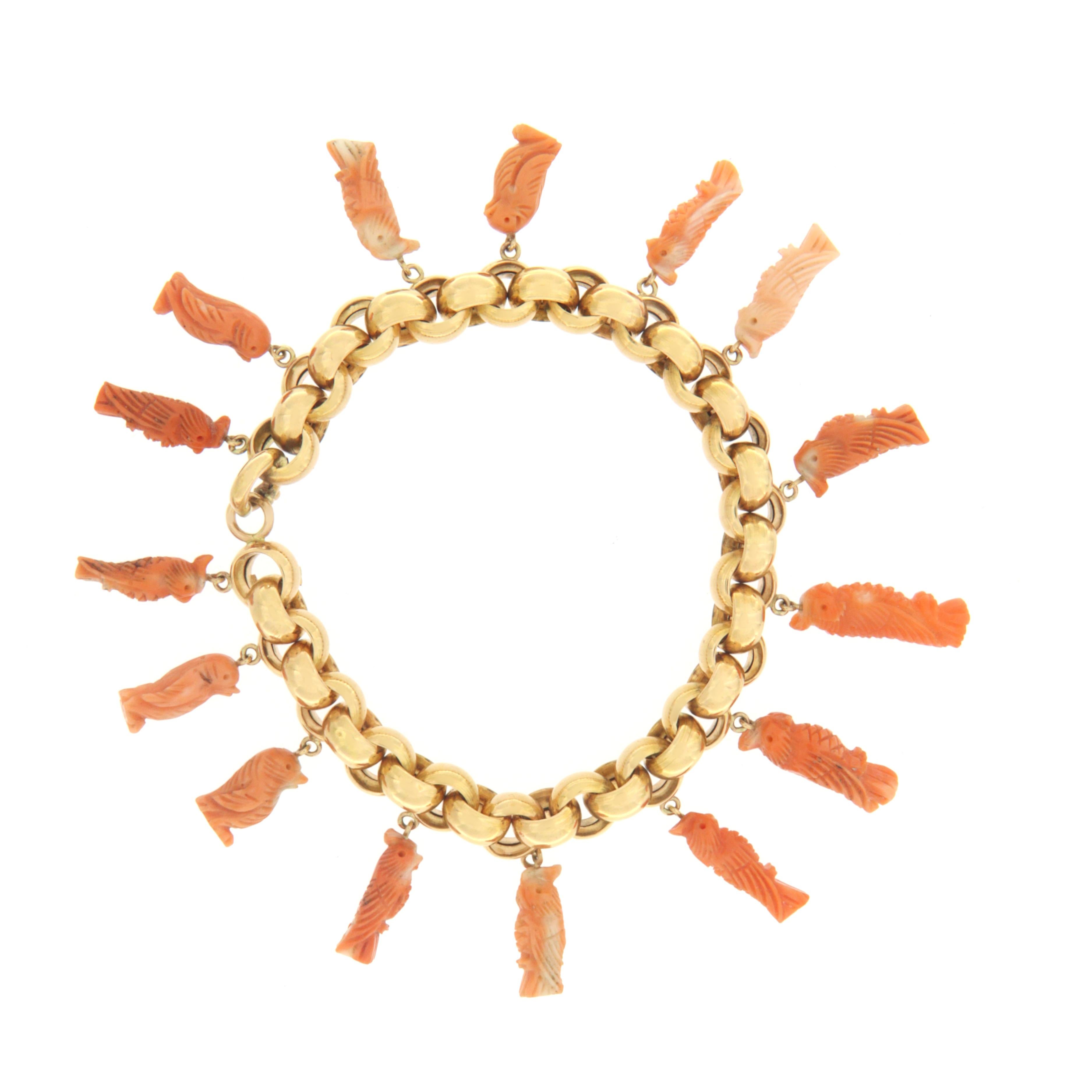 Artisan Handcraft Corals Owl 18 Karat Yellow Gold Cuff Bracelet For Sale