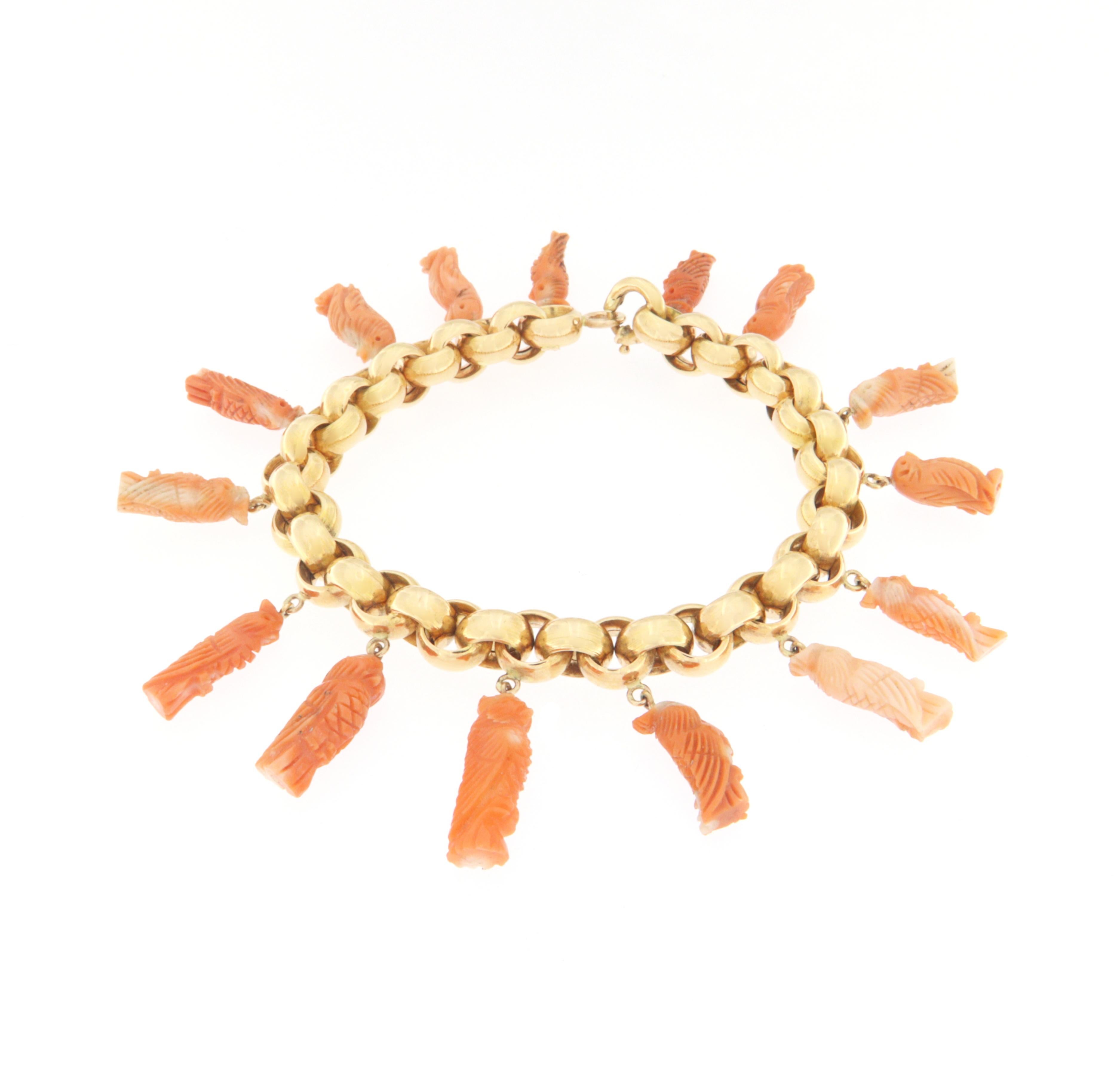 Uncut Handcraft Corals Owl 18 Karat Yellow Gold Cuff Bracelet For Sale