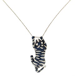 Handcraft Cougar 18 Karat White Gold Sapphires Diamonds Pendant Necklace
