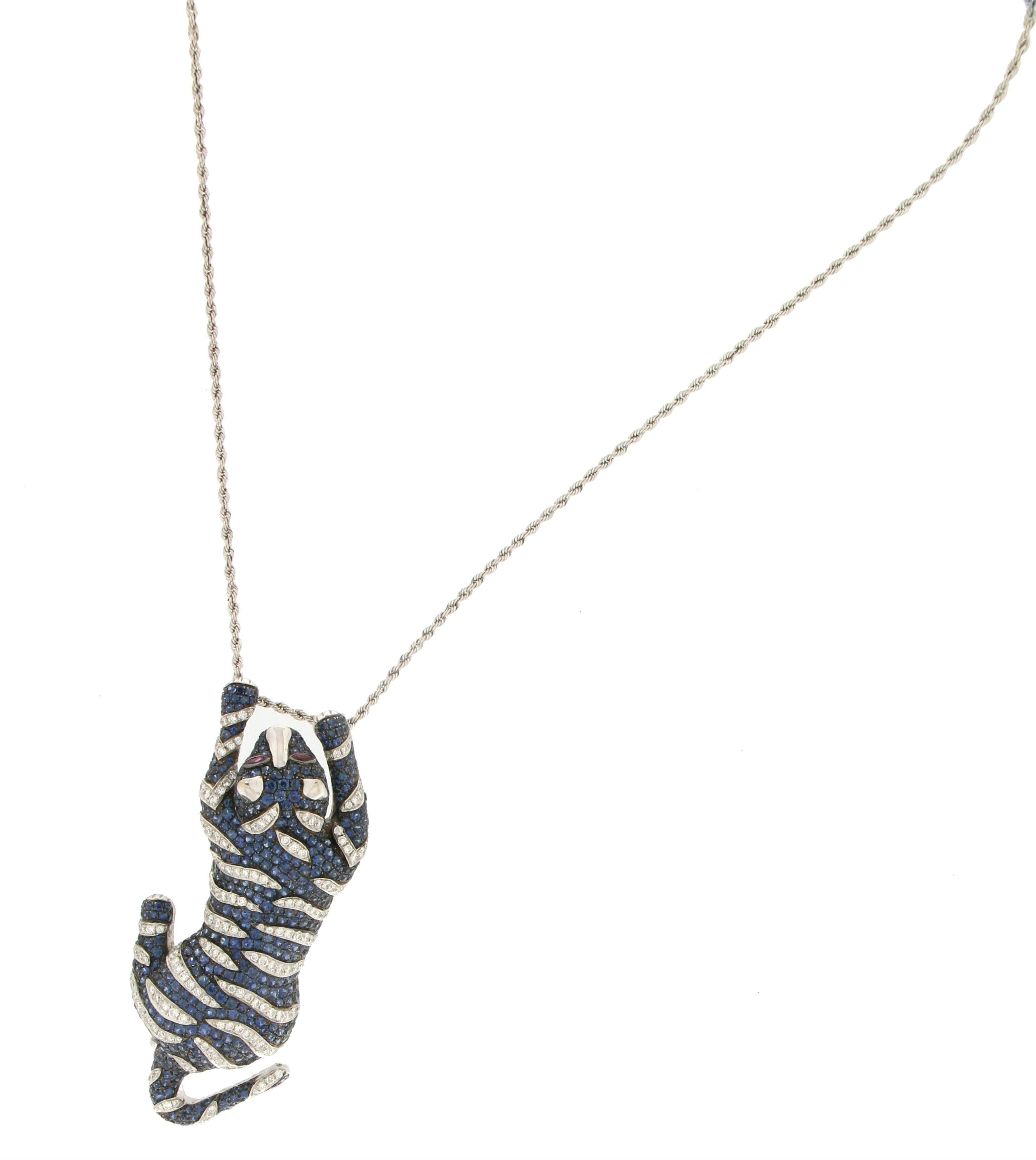 Artisan Handcraft Cougar 18 Karat White Gold Sapphires Diamonds Pendant Necklace For Sale