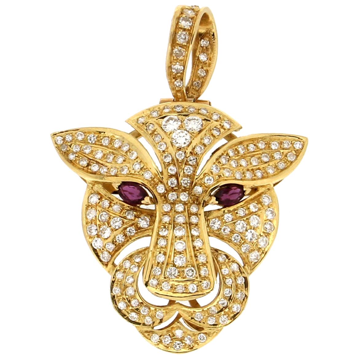 Collier à pendentif artisanal Cougar en or jaune 18 carats et diamants