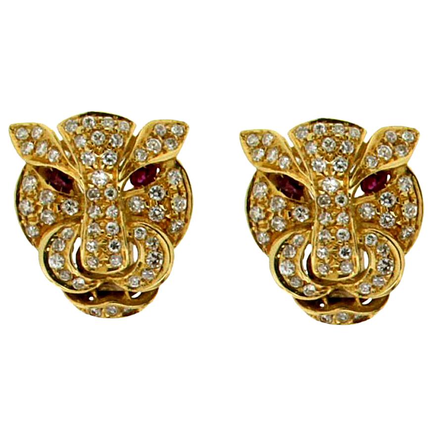 Handcraft Cougar 18 Karat Yellow Gold Diamonds Stud Earrings For Sale