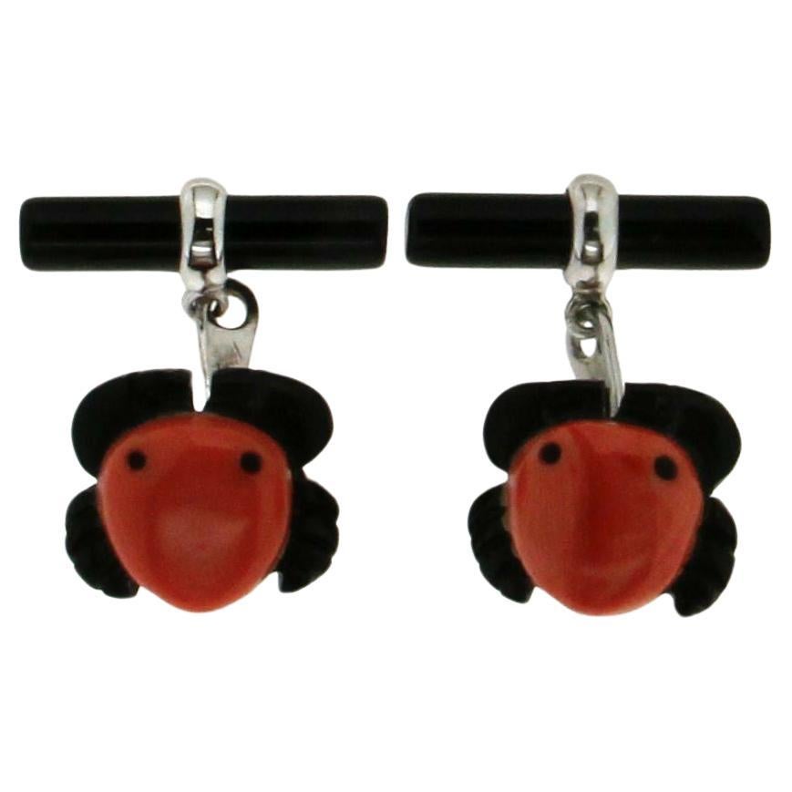 Handcraft Crab Coral Onyx 18 Karat White Gold Cufflinks For Sale