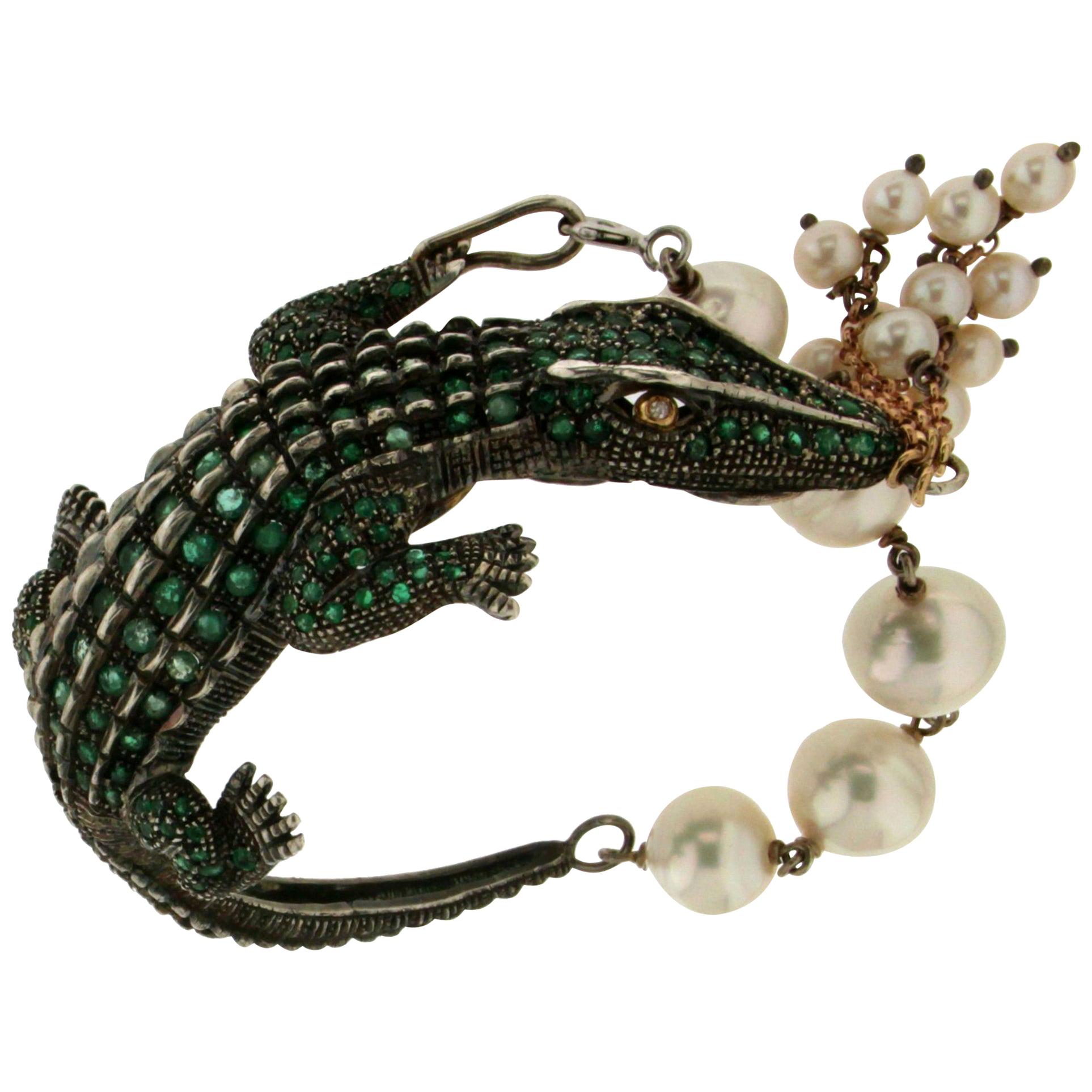 Handcraft Crocodile 14 Karat Yellow Gold Emeralds Pearls Cuff Bracelet