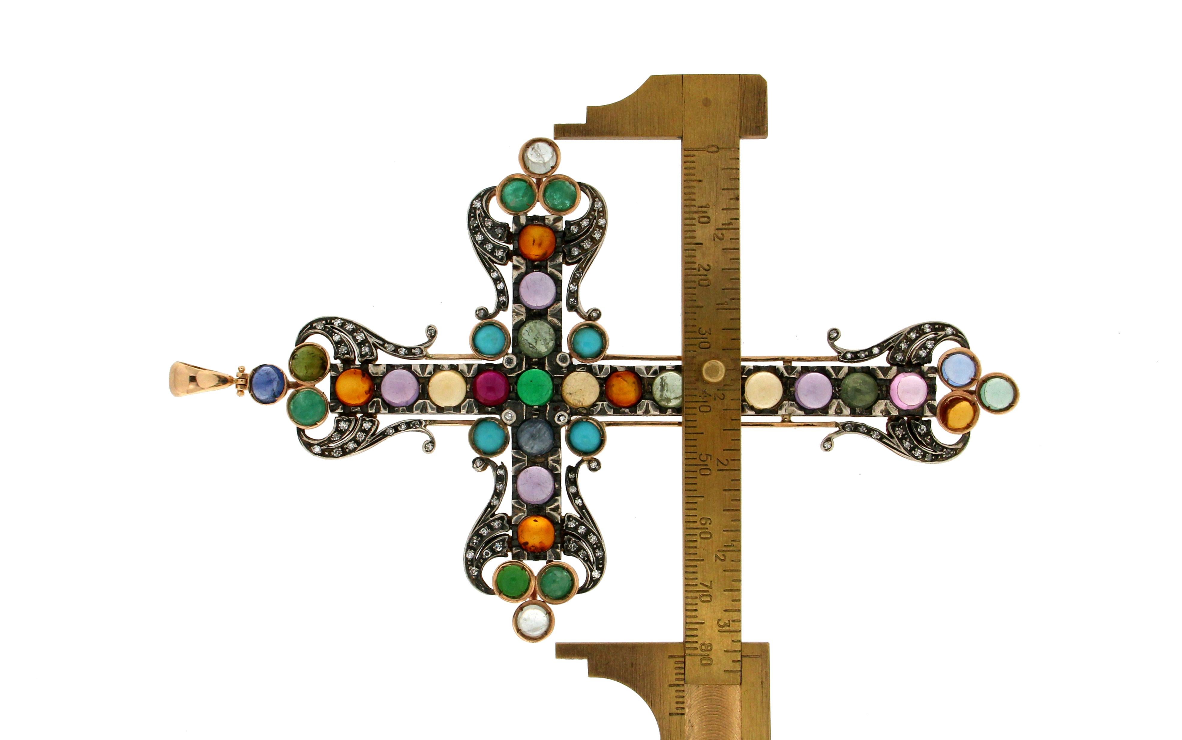 Artisan Handcraft Cross 14 Karat Gold Diamonds Semiprecious Stones Pendant Necklace For Sale