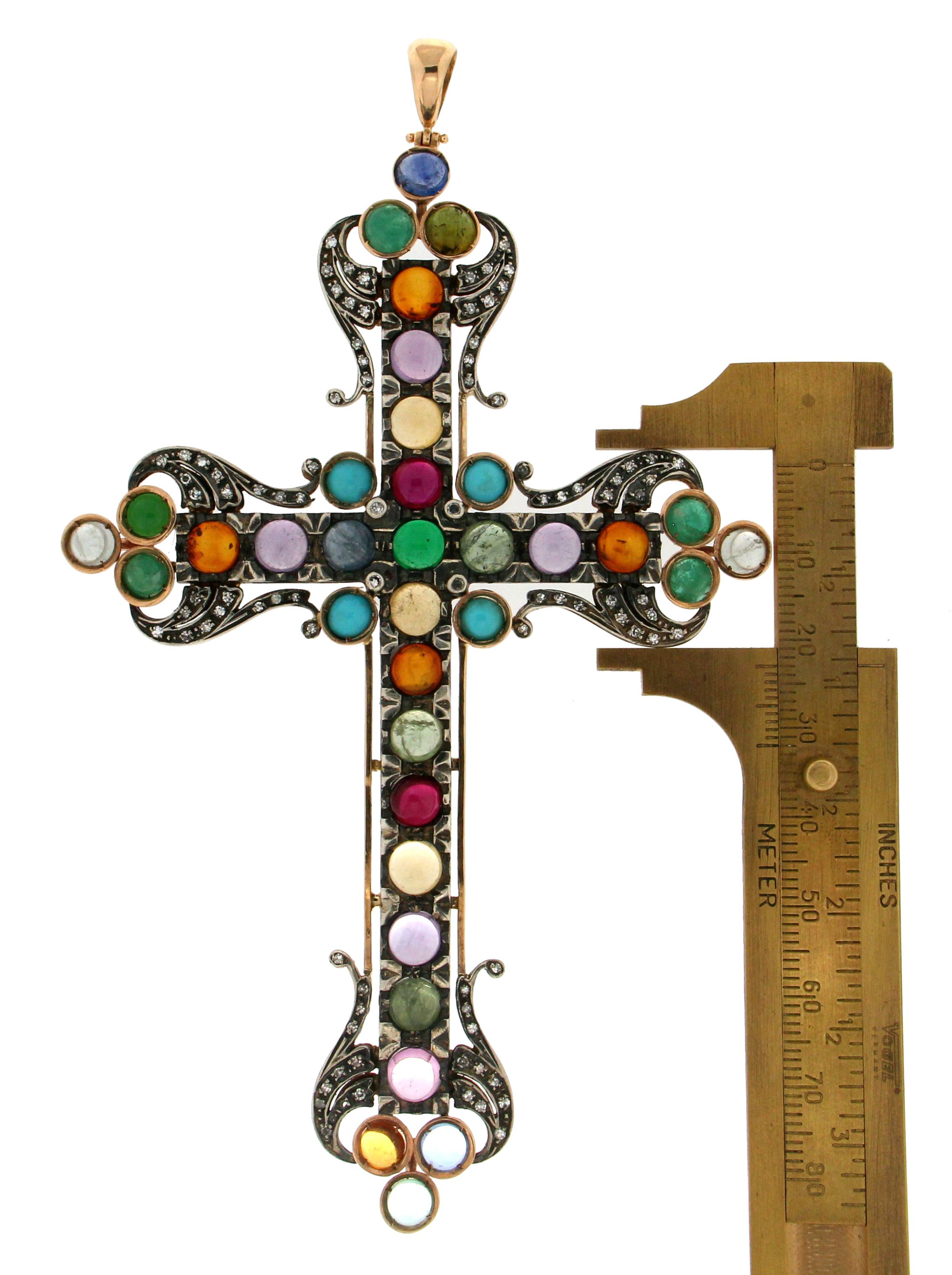 Rose Cut Handcraft Cross 14 Karat Gold Diamonds Semiprecious Stones Pendant Necklace For Sale
