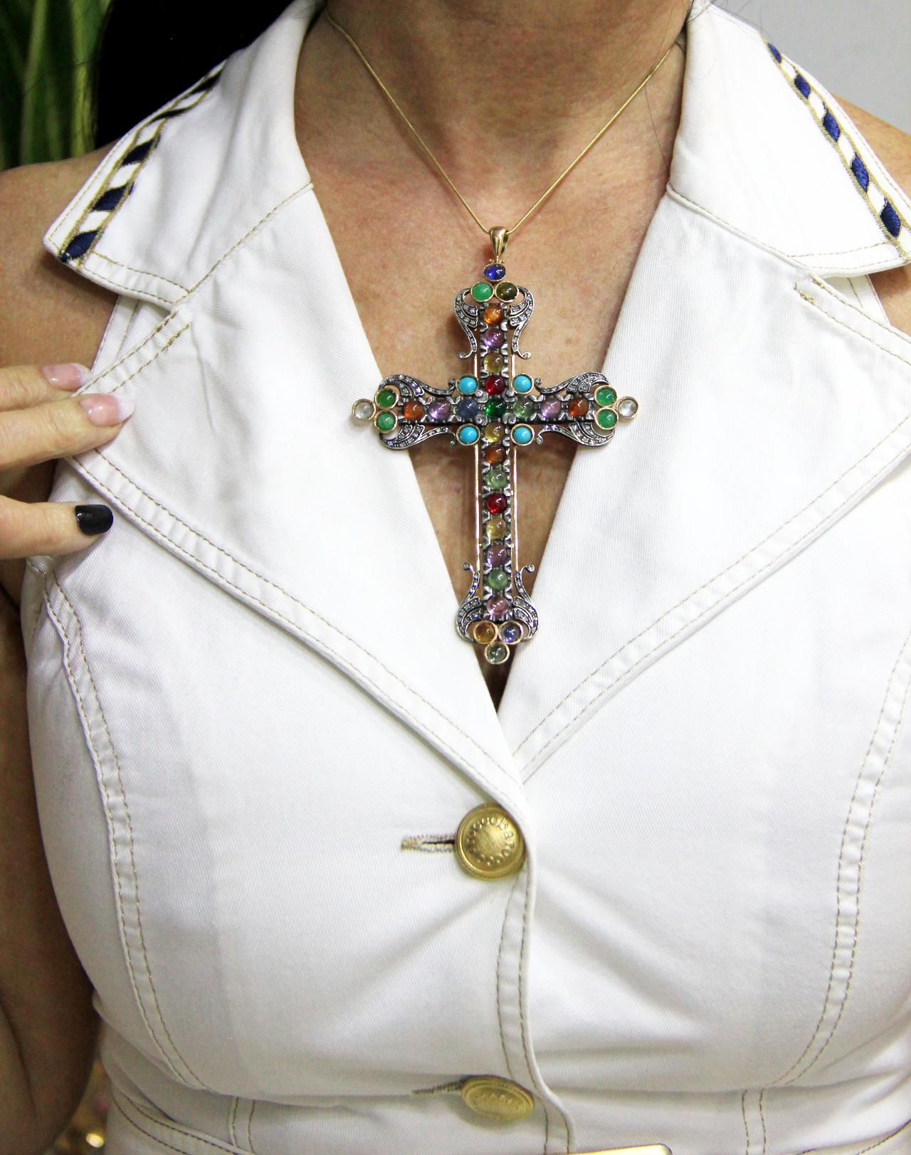 Women's or Men's Handcraft Cross 14 Karat Gold Diamonds Semiprecious Stones Pendant Necklace For Sale