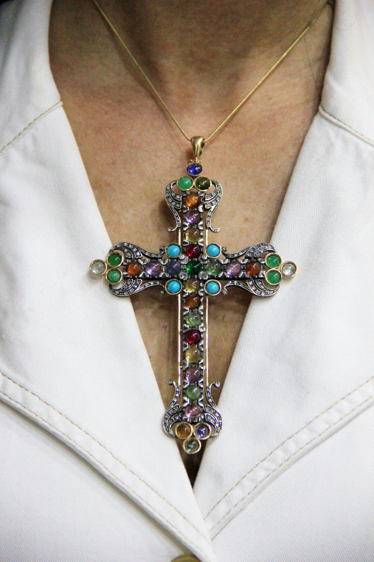 Handcraft Cross 14 Karat Gold Diamonds Semiprecious Stones Pendant Necklace For Sale 1