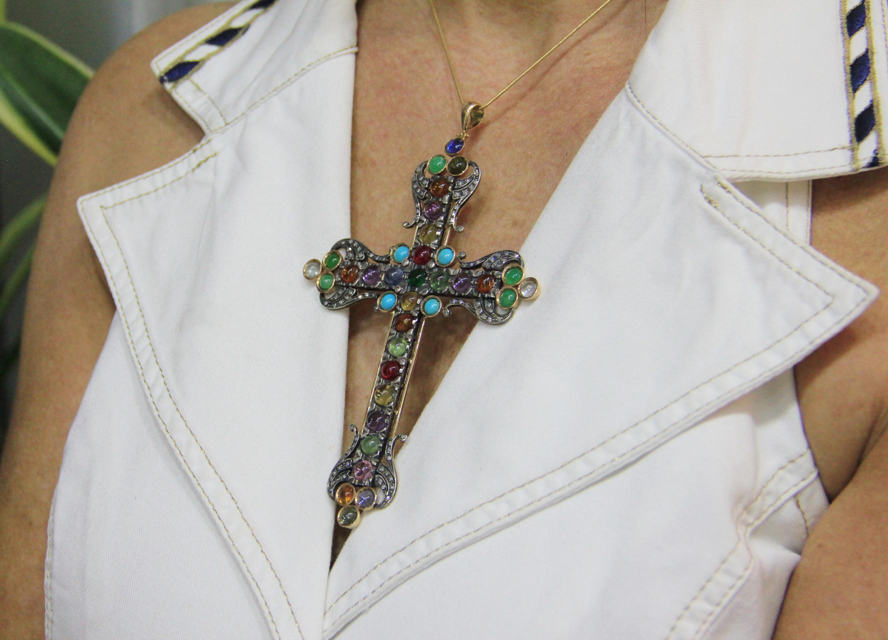 Handcraft Cross 14 Karat Gold Diamonds Semiprecious Stones Pendant Necklace For Sale 2