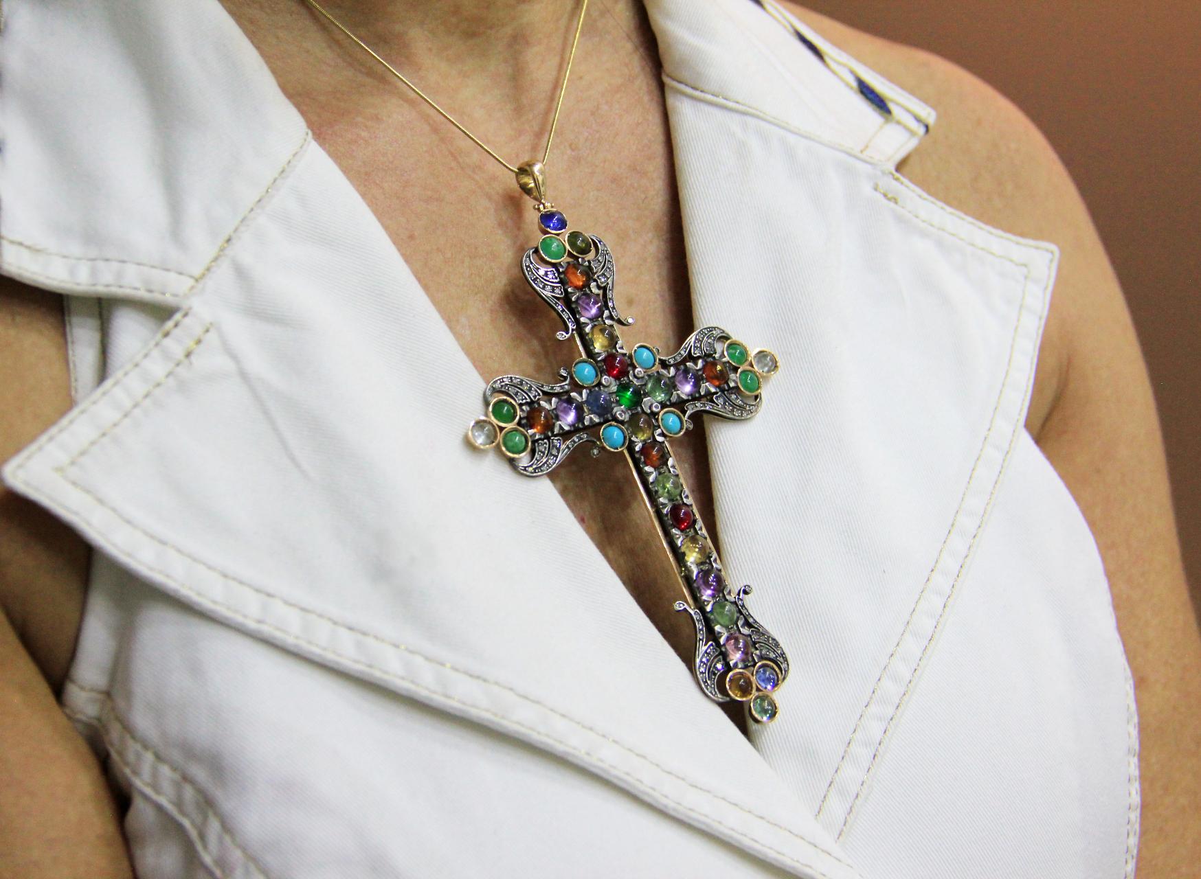 Handcraft Cross 14 Karat Gold Diamonds Semiprecious Stones Pendant Necklace For Sale 3