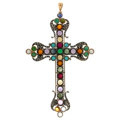 Collier à pendentifs en or 14 carats avec diamants et pierres semi-précieuses Handcraft Cross