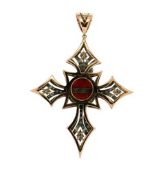 Handcraft Cross 14 Karat Yellow Gold Diamonds Coral Pendant Necklace