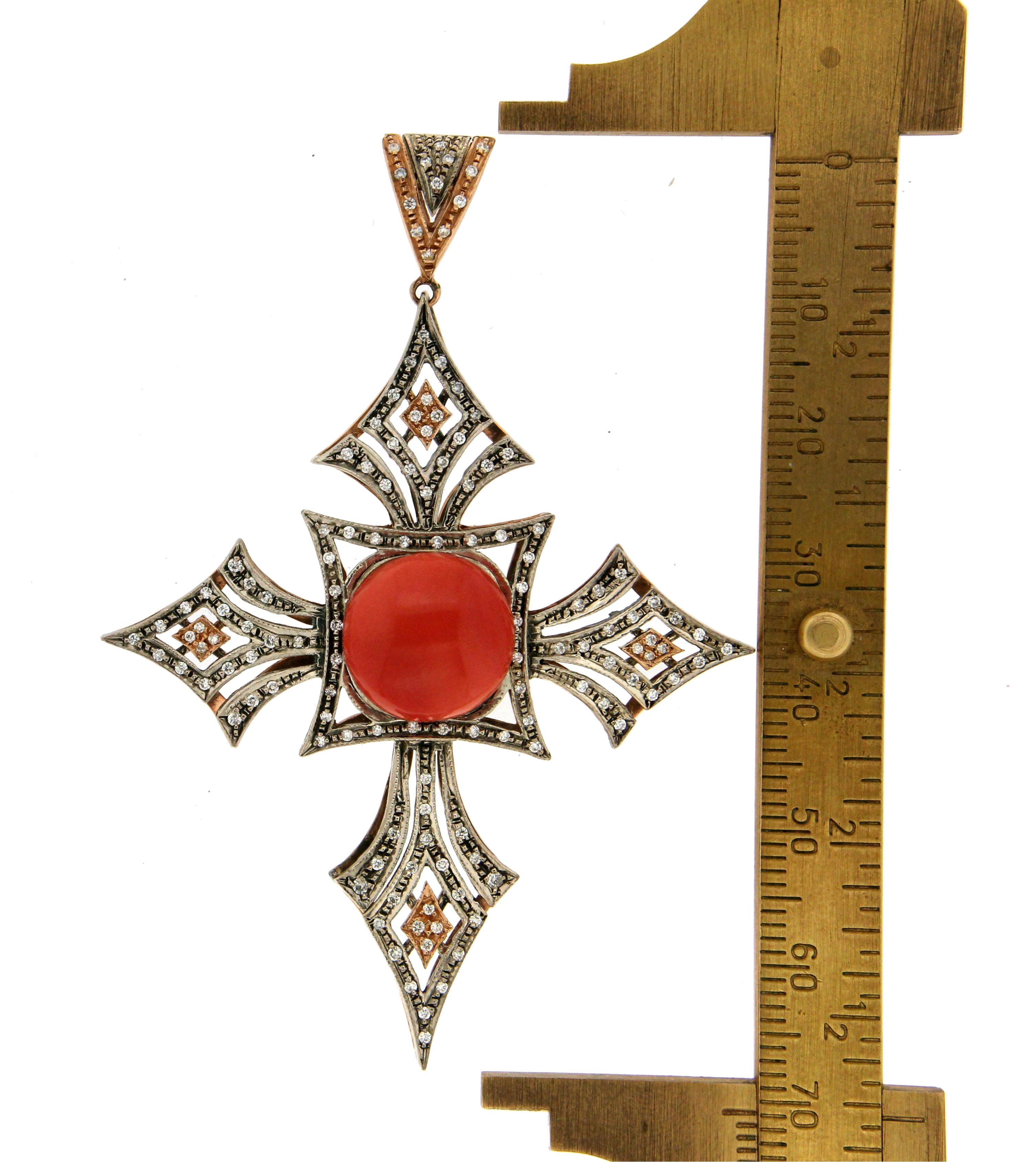 Women's or Men's Handcraft Cross 14 Karat Yellow Gold Diamonds Coral Pendant Necklace For Sale
