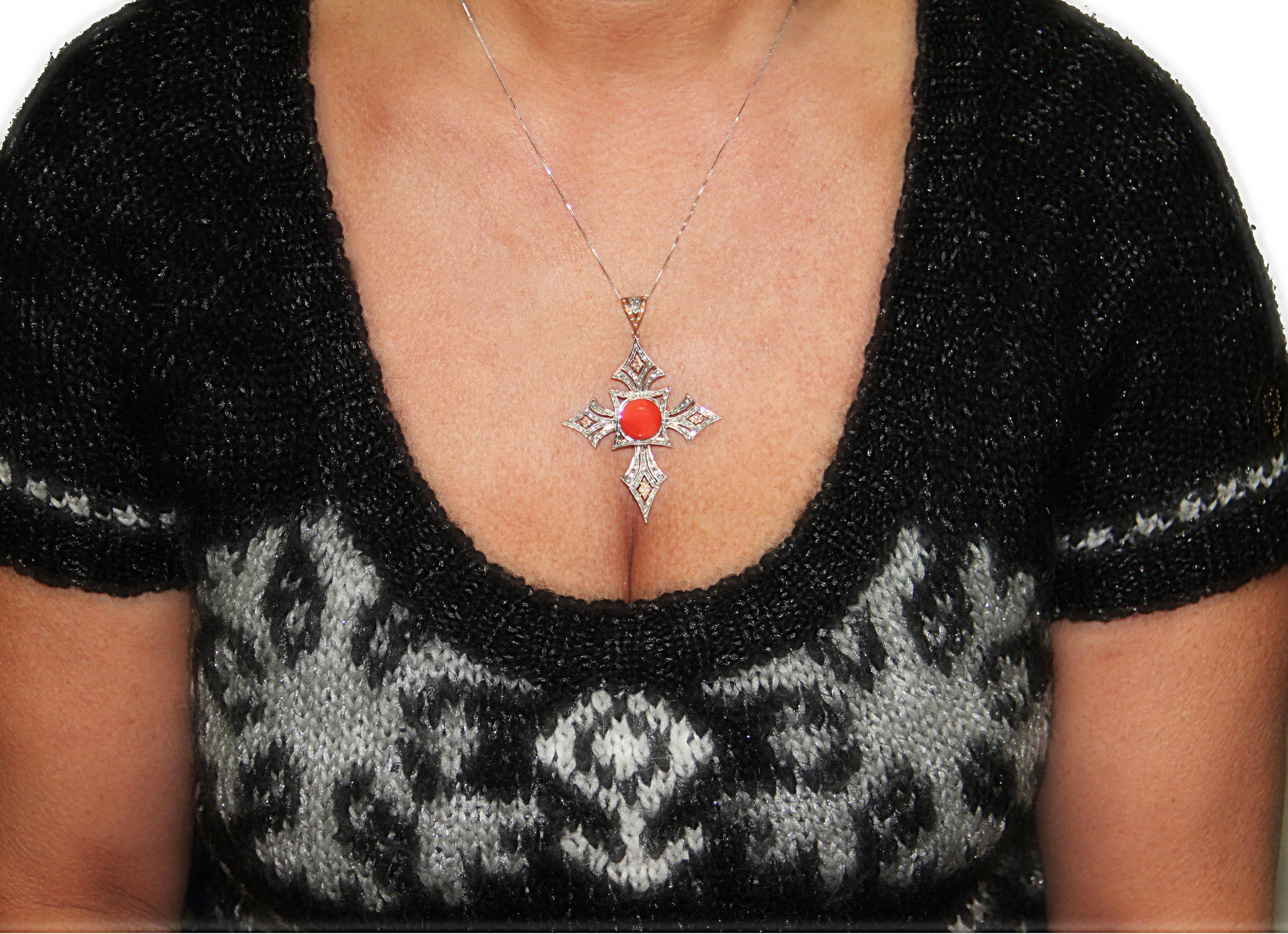 Handcraft Cross 14 Karat Yellow Gold Diamonds Coral Pendant Necklace For Sale 1