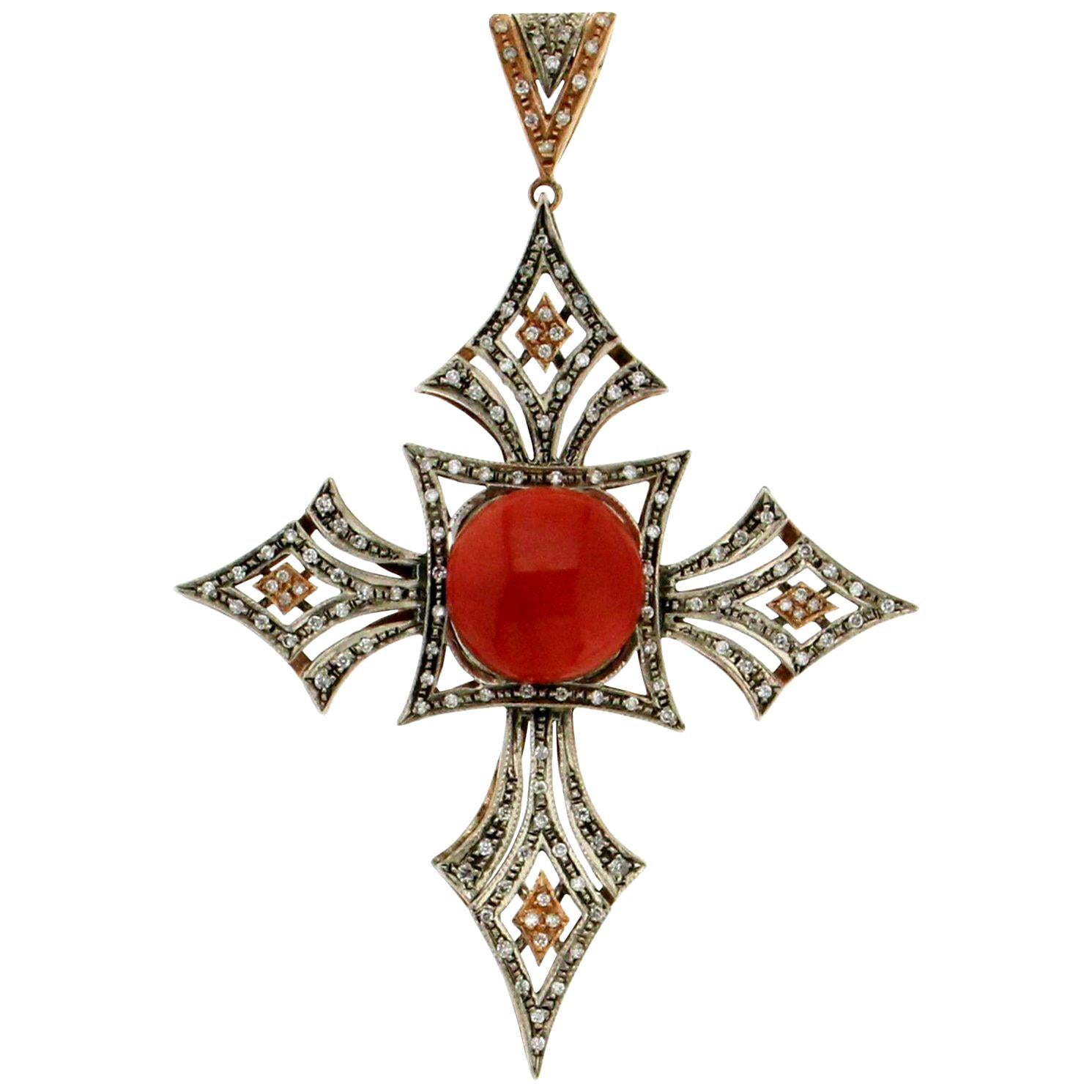 Handcraft Cross 14 Karat Yellow Gold Diamonds Coral Pendant Necklace For Sale