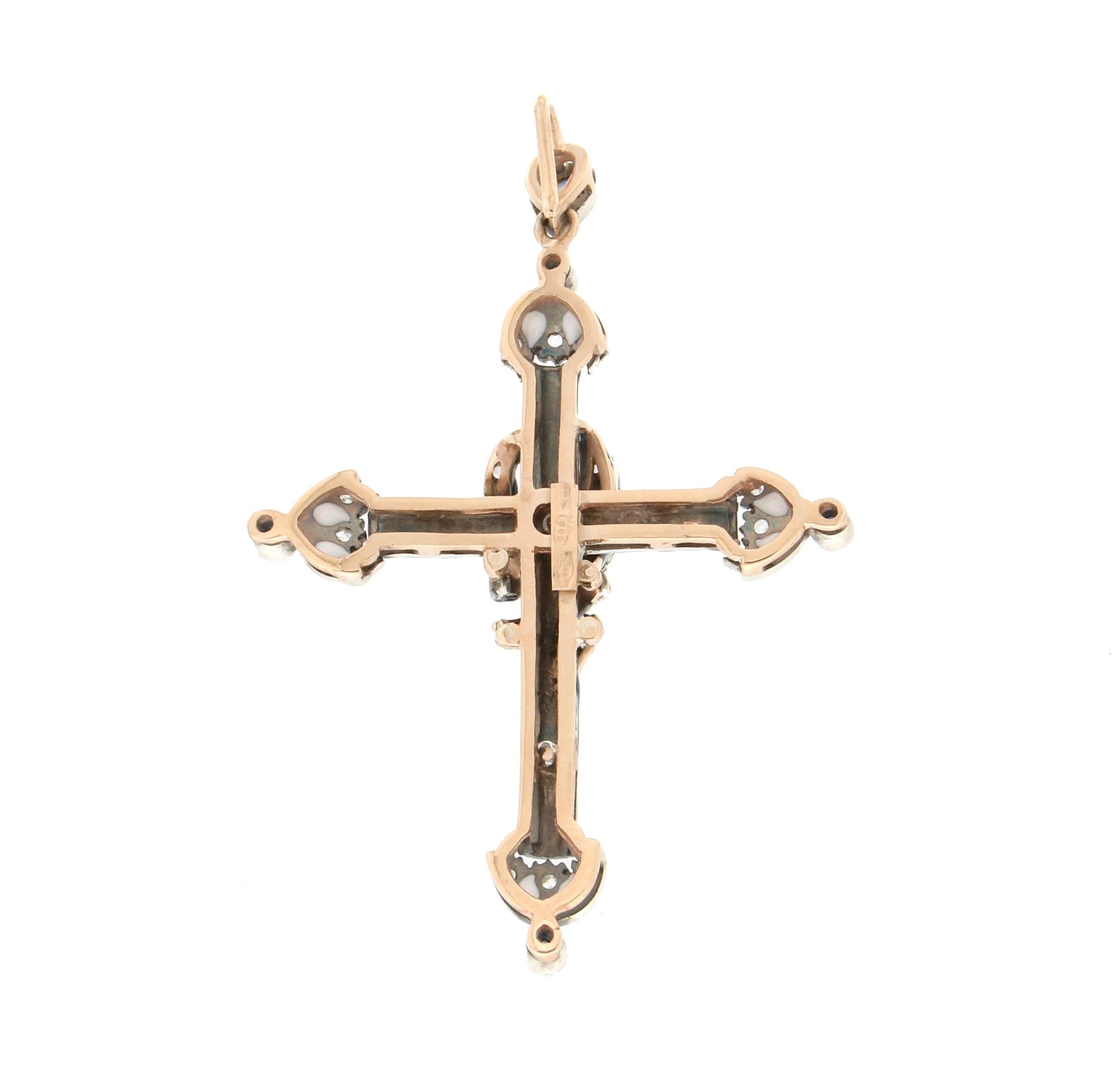 Handcraft Cross 14 Karat Yellow Gold Diamonds Sapphires Enamel Pendant Necklace In New Condition In Marcianise, IT