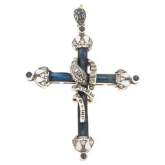 Vintage Handcraft Cross 14 Karat Yellow Gold Diamonds Sapphires Enamel Pendant Necklace