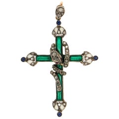 Vintage Handcraft Cross 14 Karat Yellow Gold Diamonds Sapphires Enamel Pendant Necklace