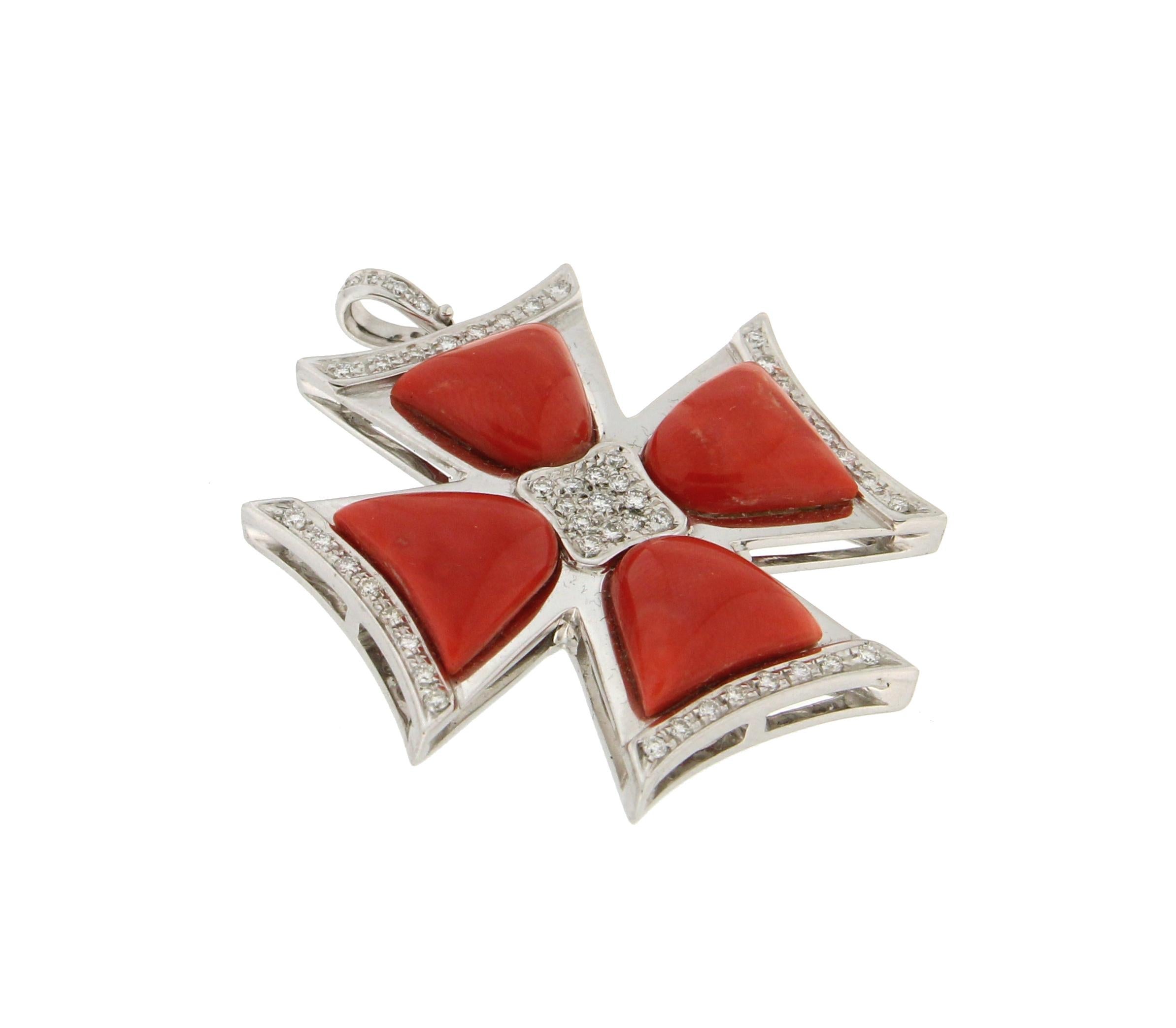 Artisan Handcraft Cross 18 Karat White Gold Diamonds and Coral Pendant Necklace For Sale