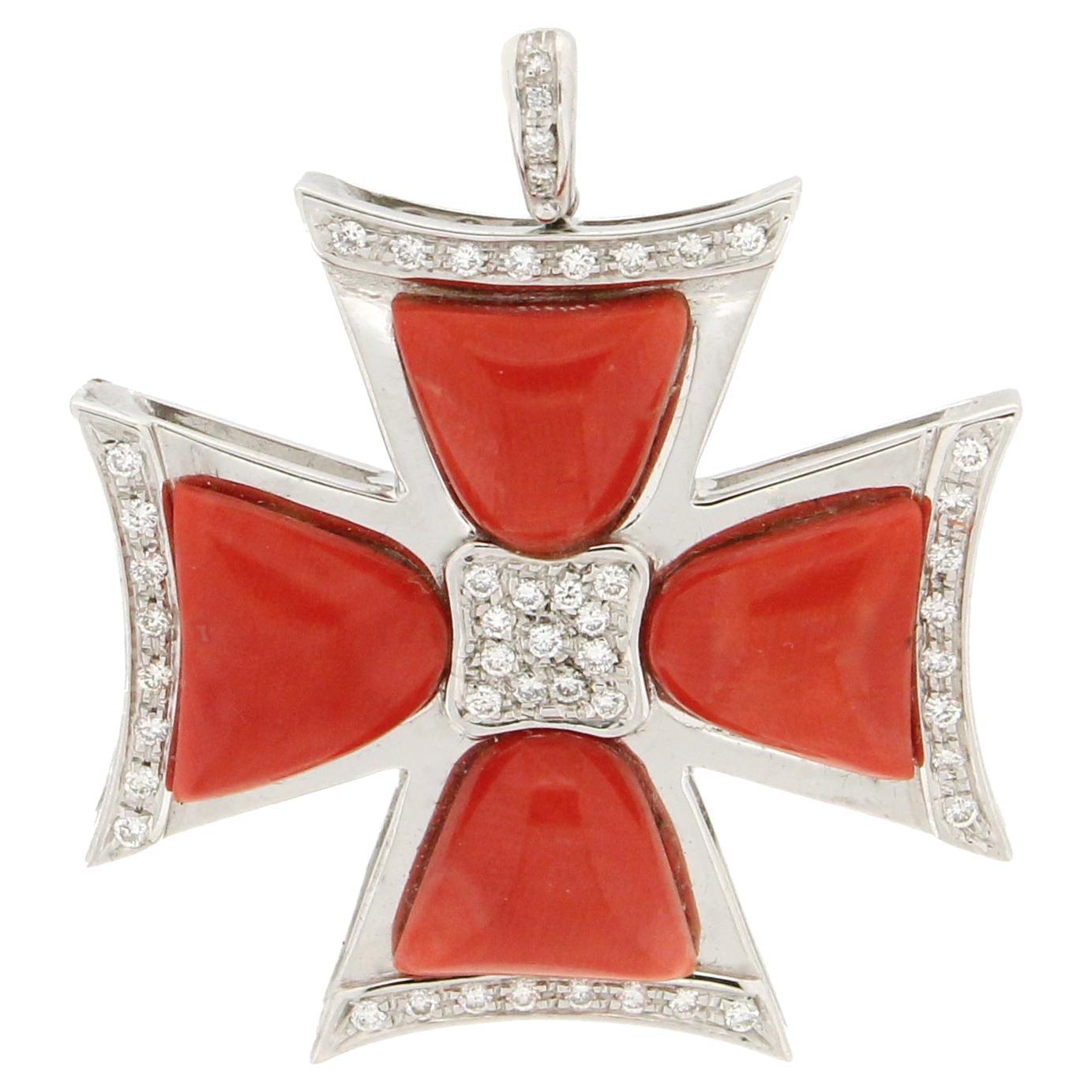 Handcraft Cross 18 Karat White Gold Diamonds and Coral Pendant Necklace For Sale