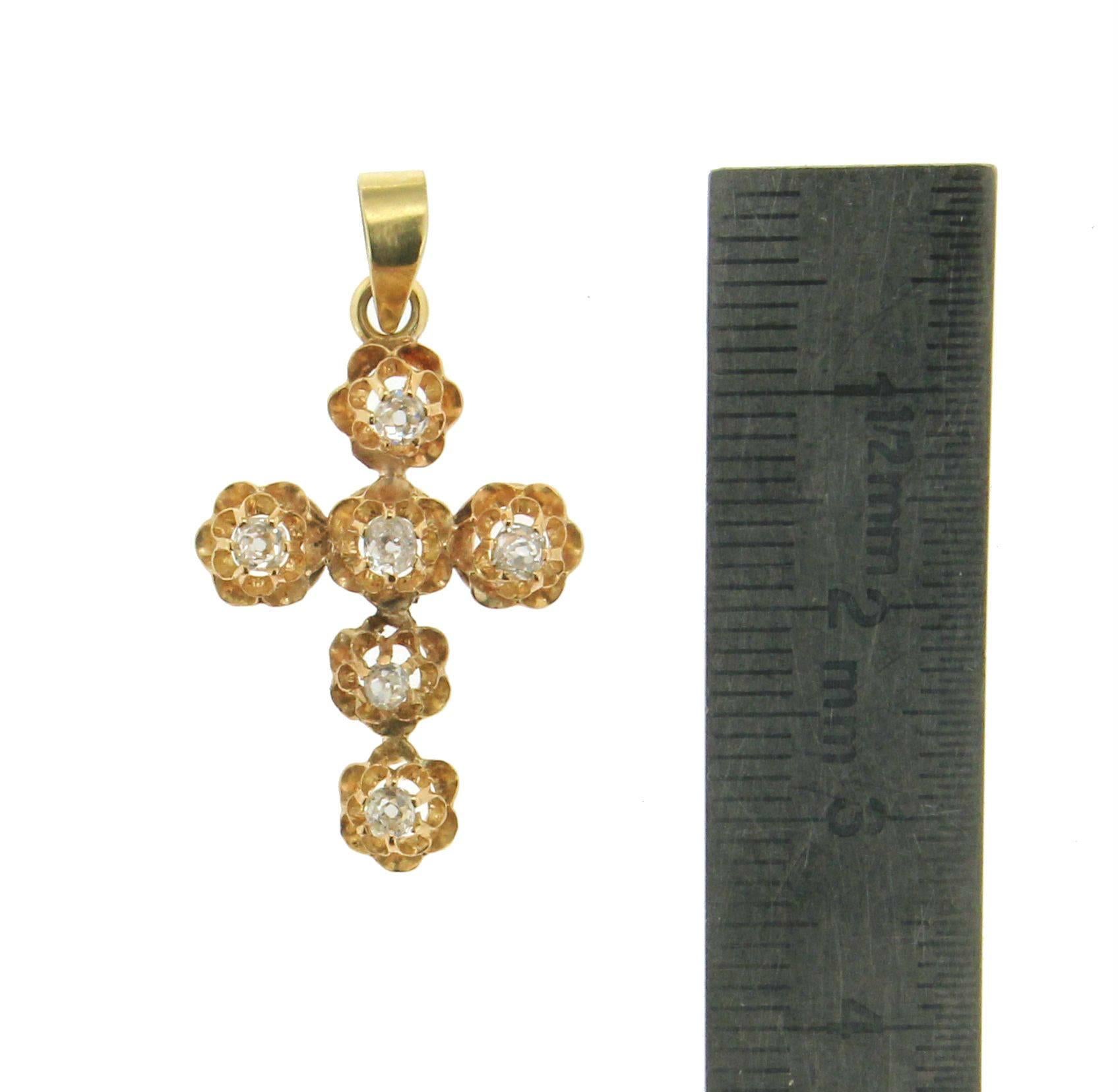 Artisan Handcraft Cross 18 Karat Yellow Gold Diamonds Pendant Necklace