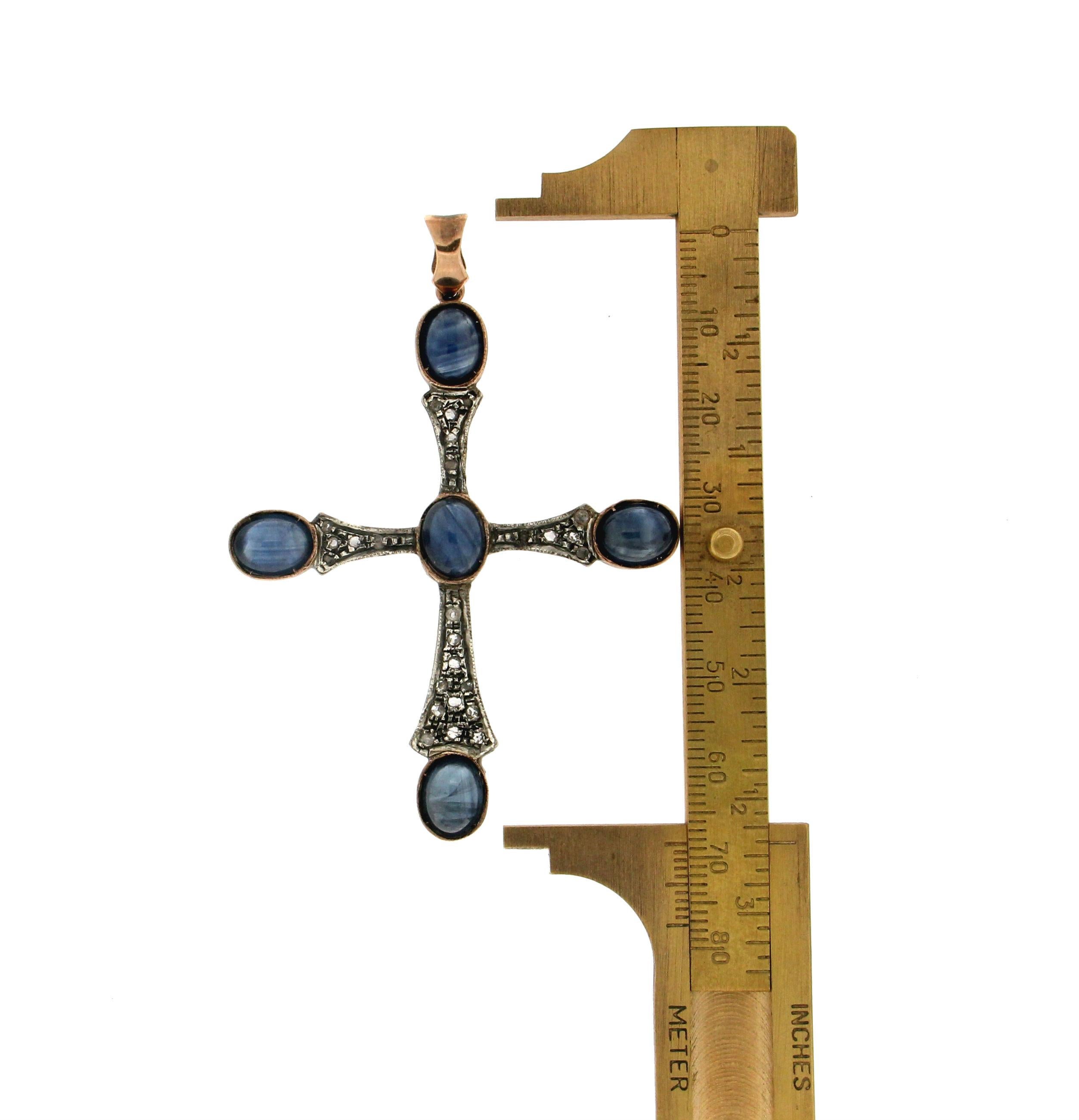 Women's or Men's Handcraft Cross 9 Karat Yellow Gold Diamonds and Sapphires Pendant Necklace