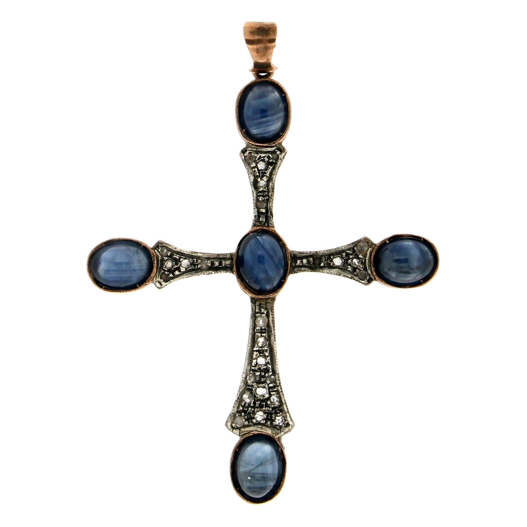 Handcraft Cross 9 Karat Yellow Gold Diamonds and Sapphires Pendant Necklace