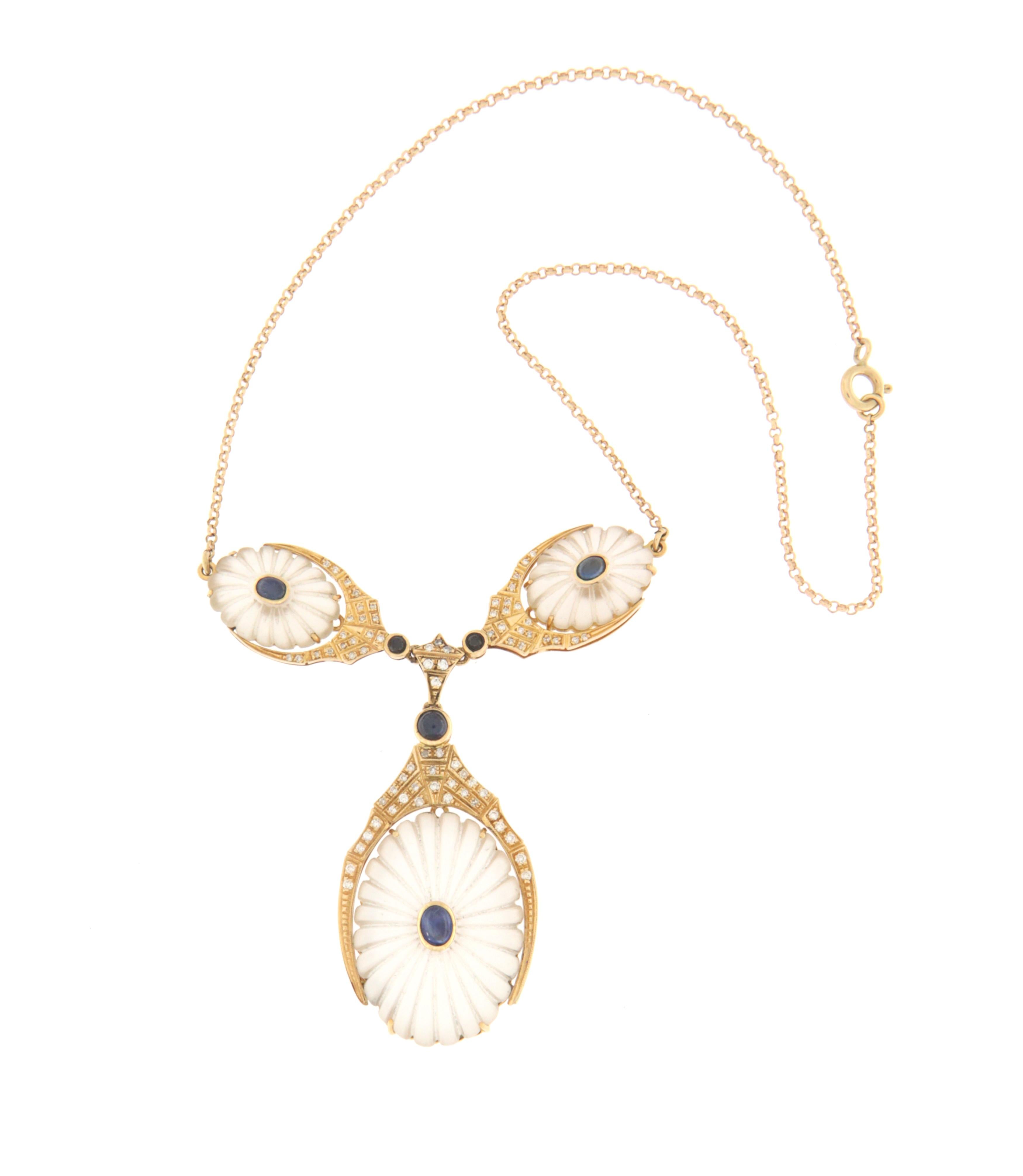 Artisan Handcraft Crystal Rock 18 Karat Yellow Diamonds Sapphires Pendant Necklace For Sale