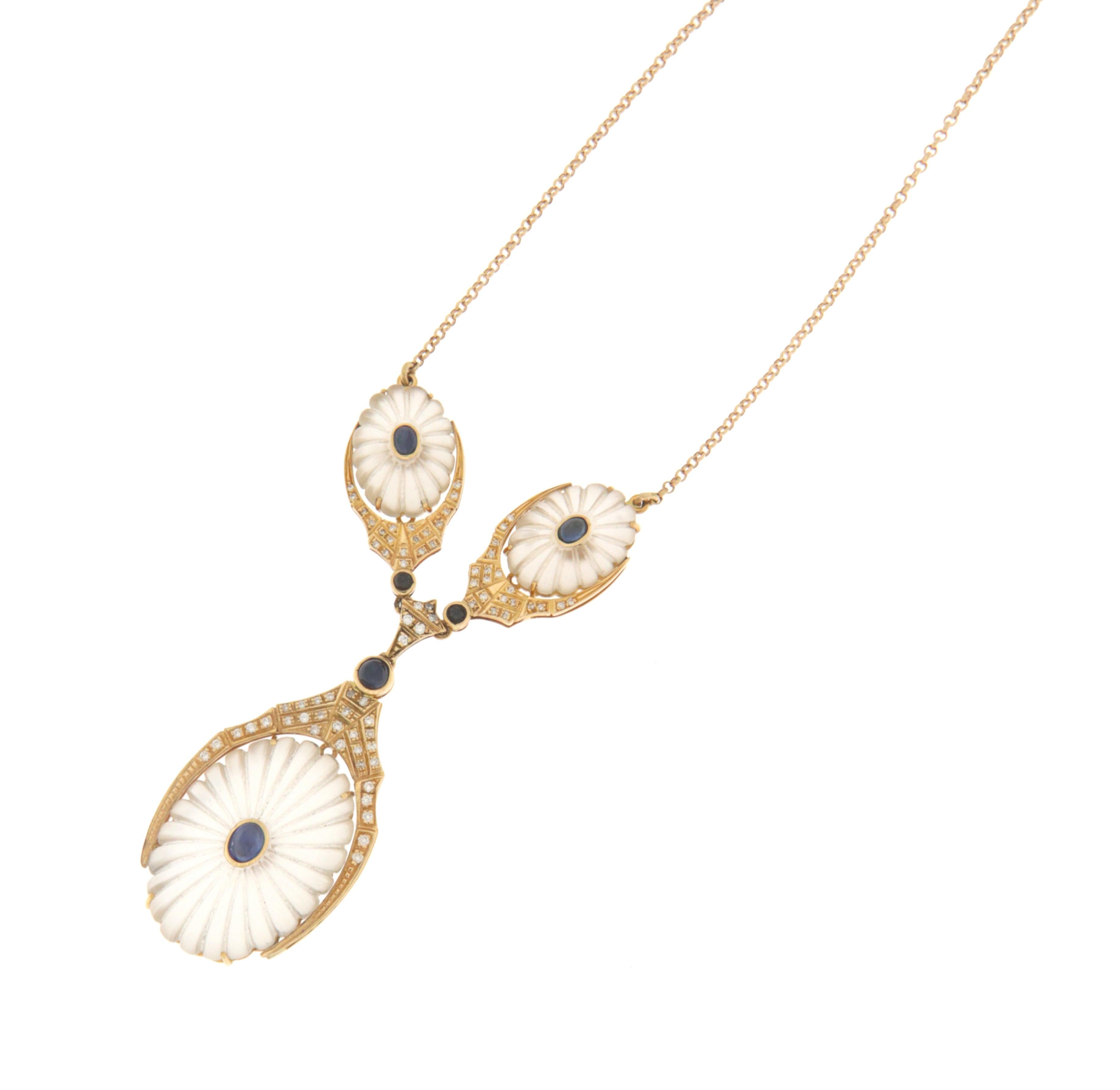 Brilliant Cut Handcraft Crystal Rock 18 Karat Yellow Diamonds Sapphires Pendant Necklace For Sale