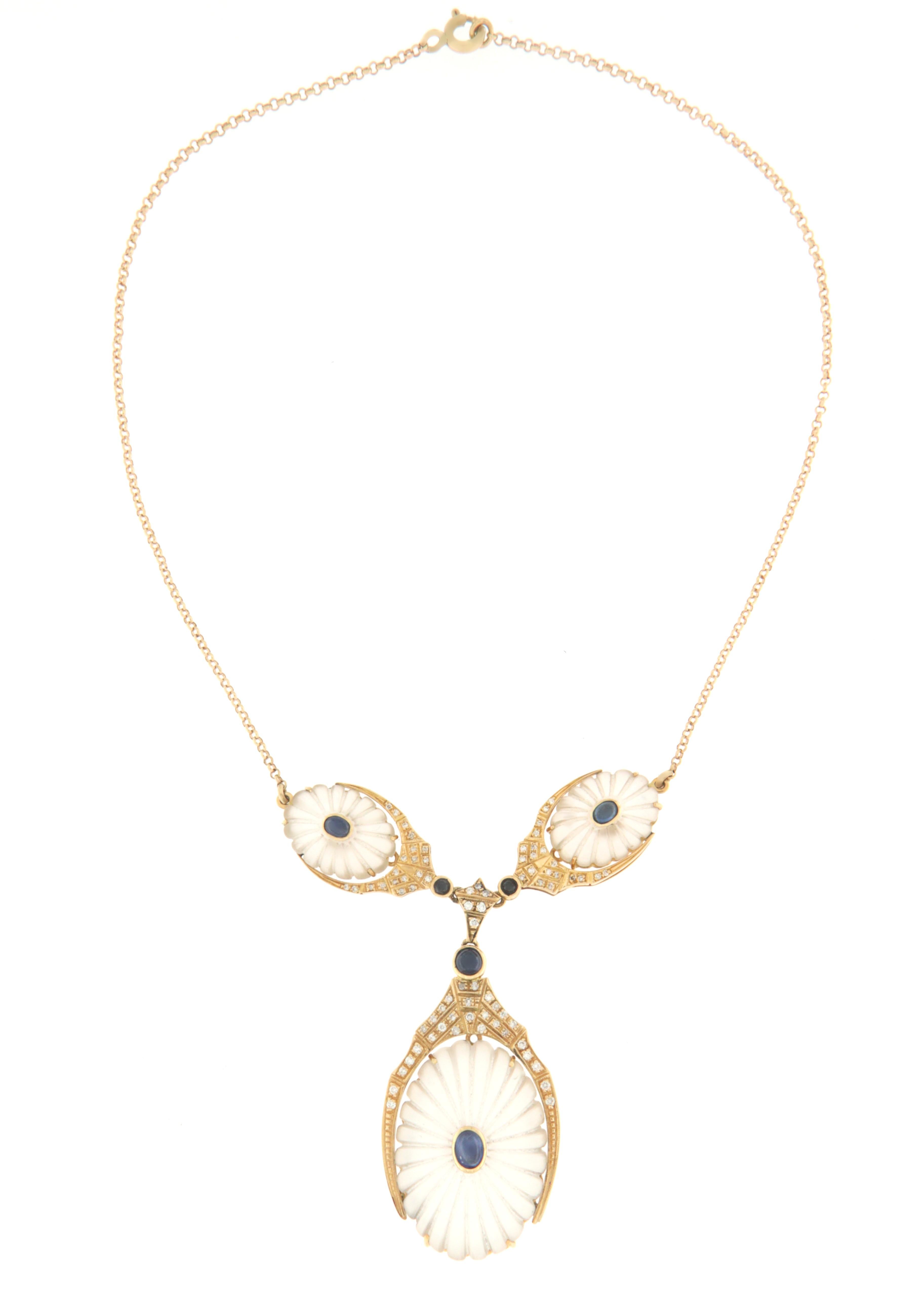Collier pendentif artisanal en cristal de roche 18 carats avec diamants et saphirs Neuf - En vente à Marcianise, IT