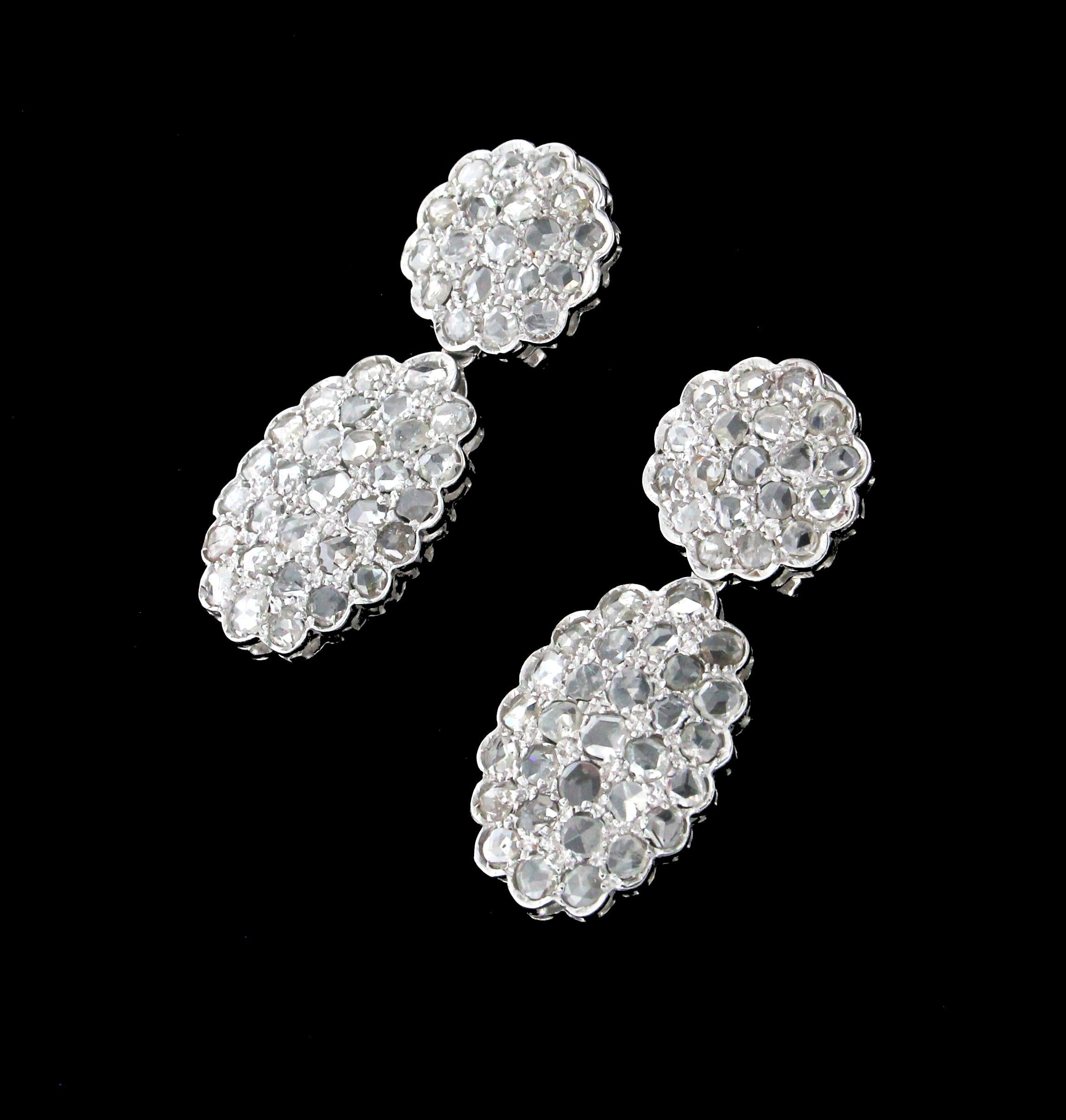 Rose Cut Handcraft Diamonds 14 Karat White Gold Drop Earrings For Sale